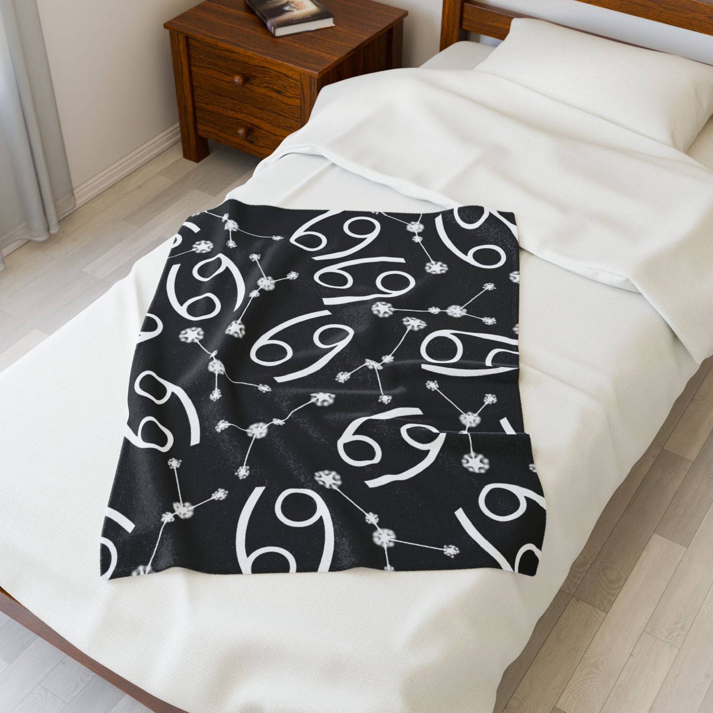 Velveteen Plush Blanket, Cancer Zodiac Sign, Constellation & Symbol, Black, 100% polyester