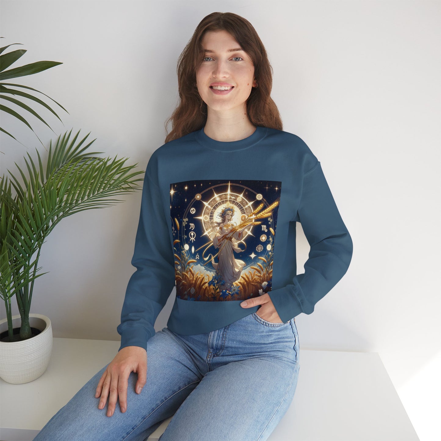 Unisex Heavy Blend™ Crewneck Sweatshirt, anime girl in wheat field, Virgo Zodiac Design