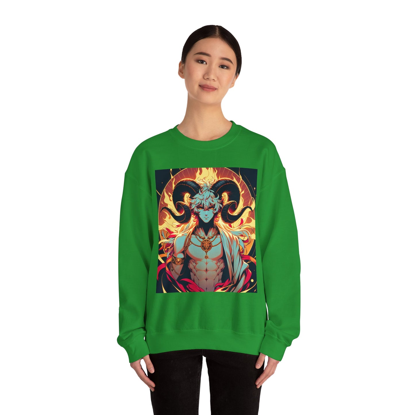 Unisex Heavy Blend™ Crewneck Sweatshirt, Anime Fire Aries, Zodiac Design