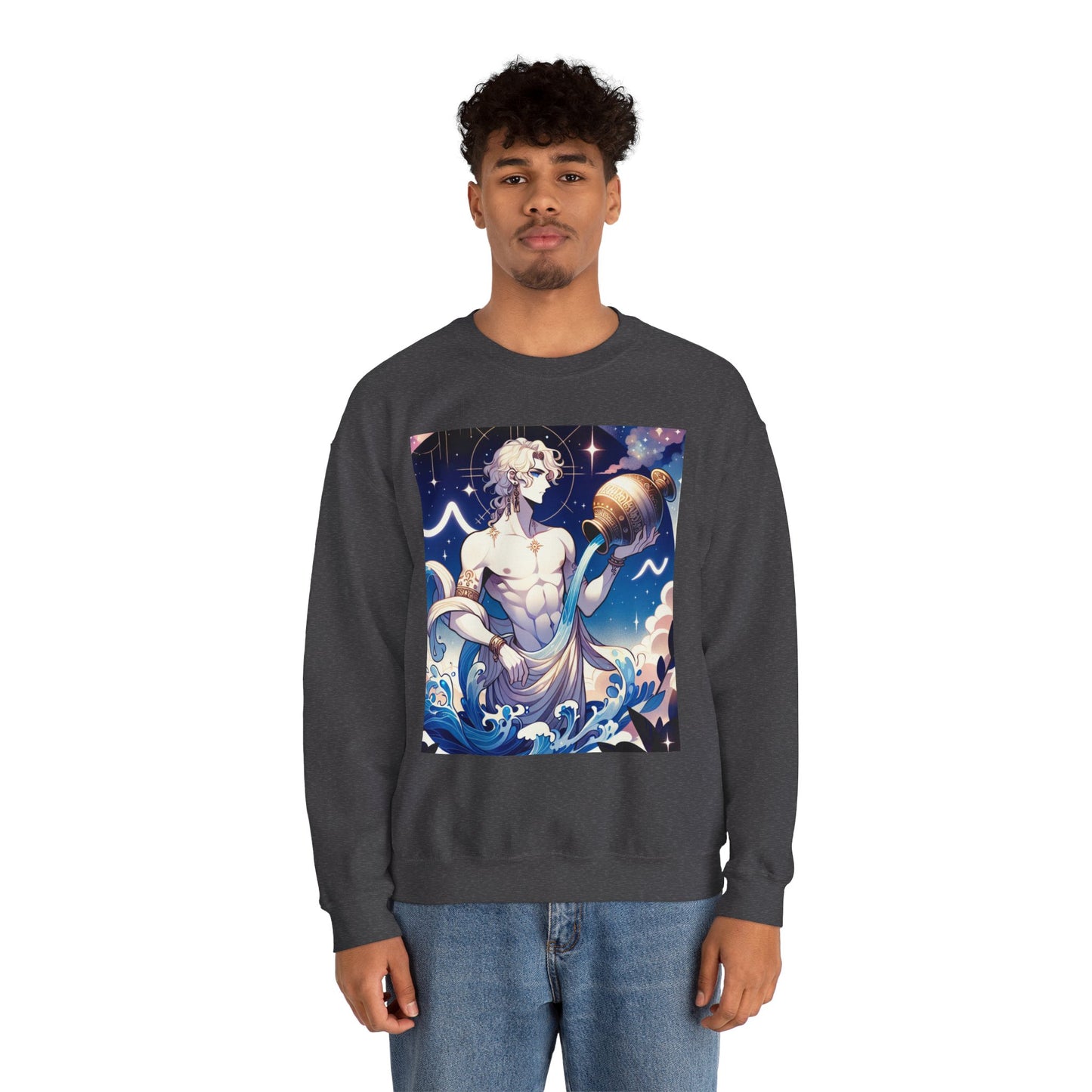 Unisex Heavy Blend™ Crewneck Sweatshirt, Anime Aqua God, Aquarius Zodiac Design