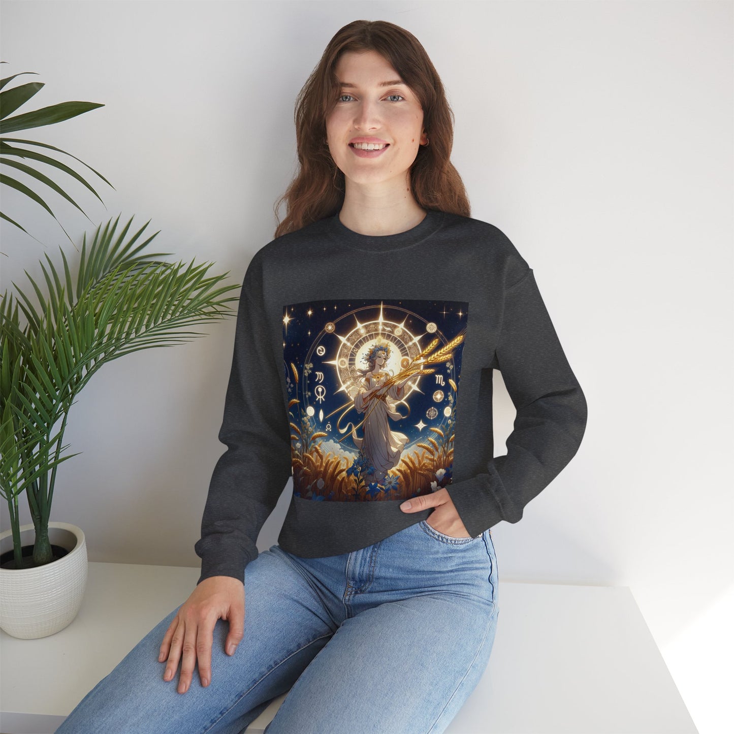Unisex Heavy Blend™ Crewneck Sweatshirt, anime girl in wheat field, Virgo Zodiac Design
