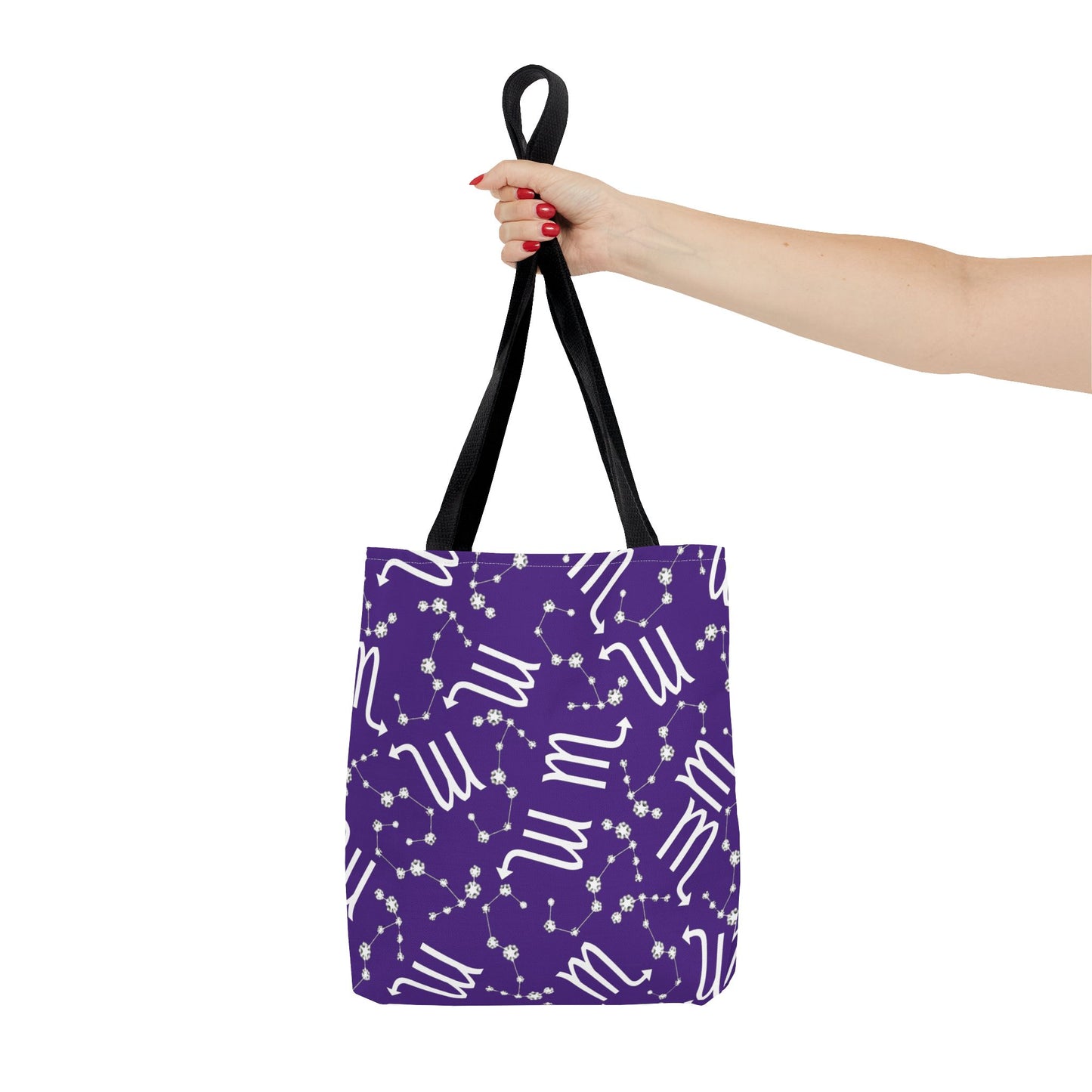Tote Bag, Scorpio Zodiac Sign, AOP, (Purple, White)