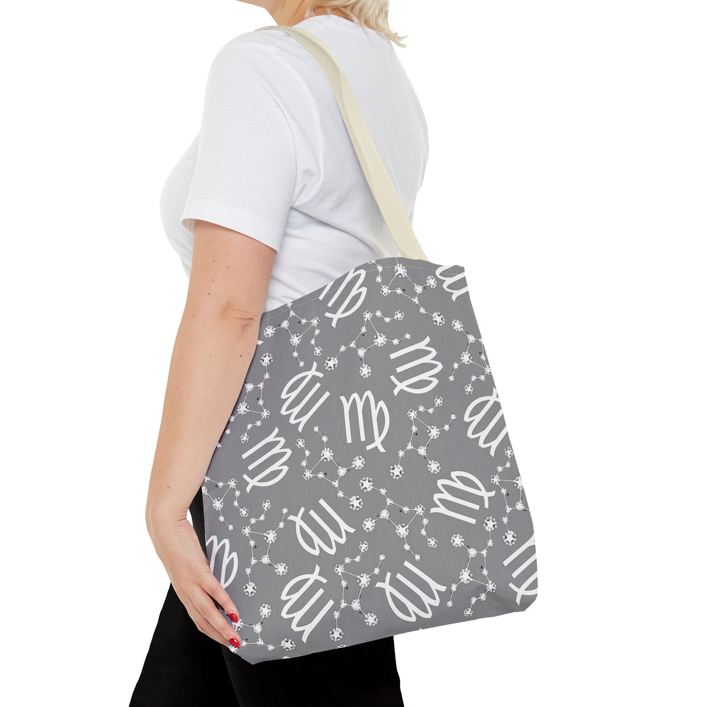 Tote Bag, Virgo Zodiac Sign, AOP, (Grey, White)