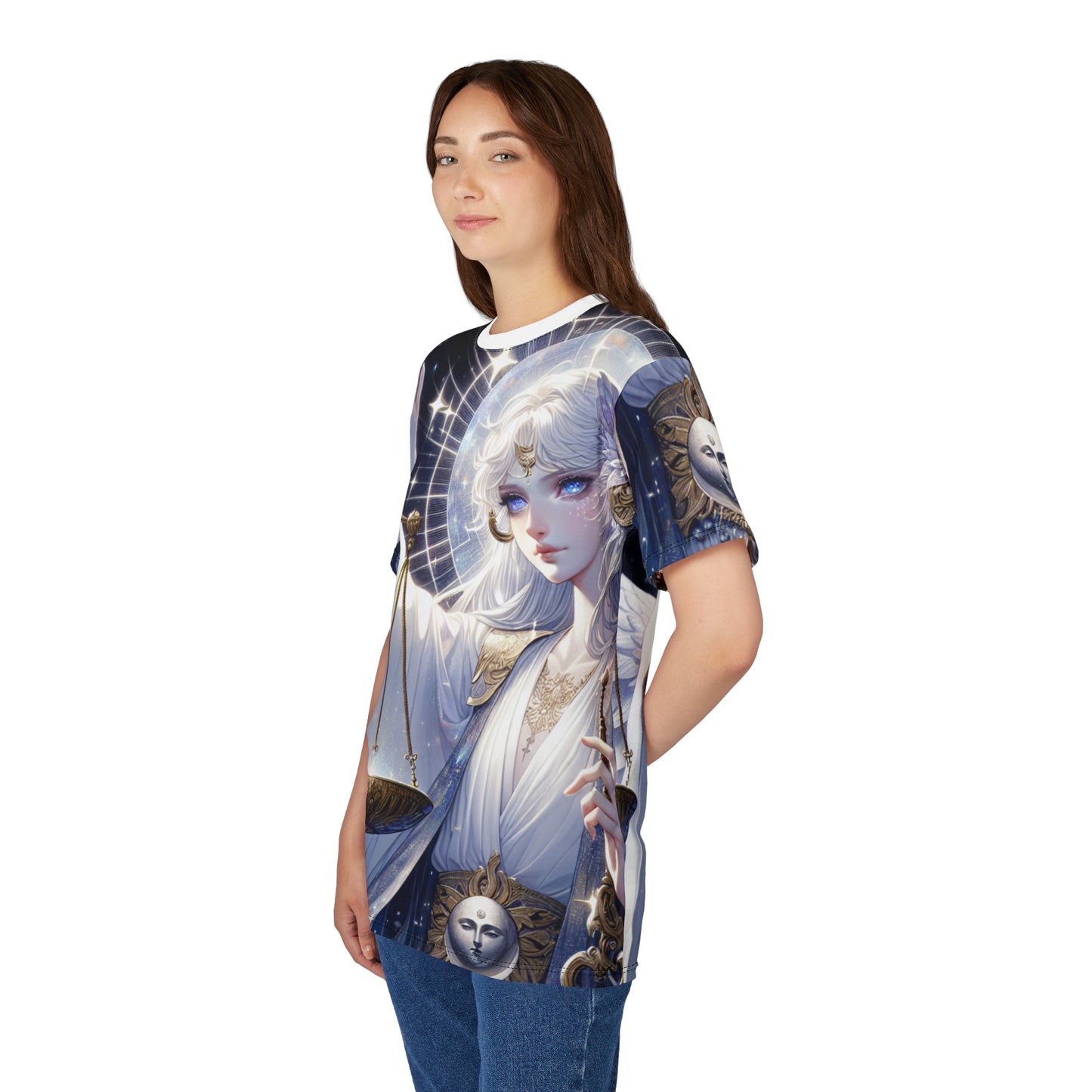 Unisex Cut & Sew T-Shirt (AOP), Angel with Scale, Libra Zodiac Design, Regular fit, 100% Polyester