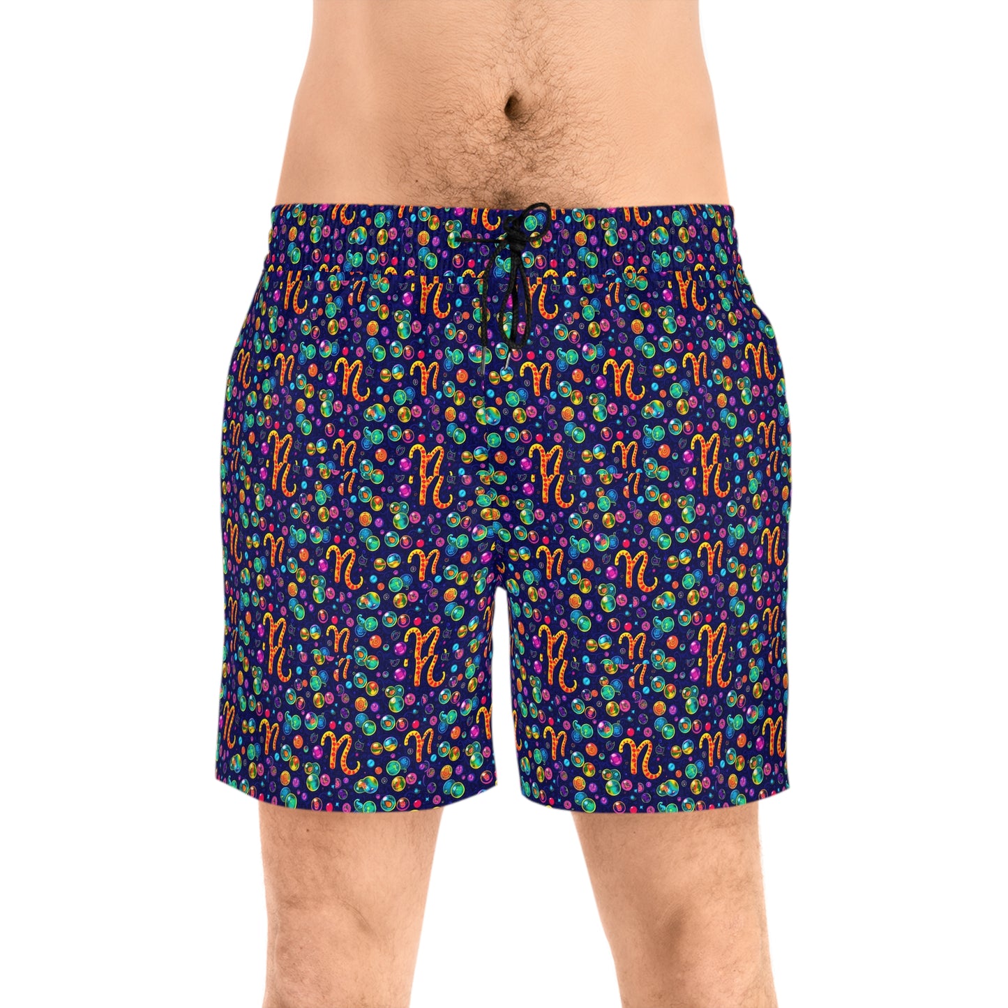 Men's Mid-Length Swim Shorts, (AOP), Aquarius, Zodiac v3, Bubble Pattern