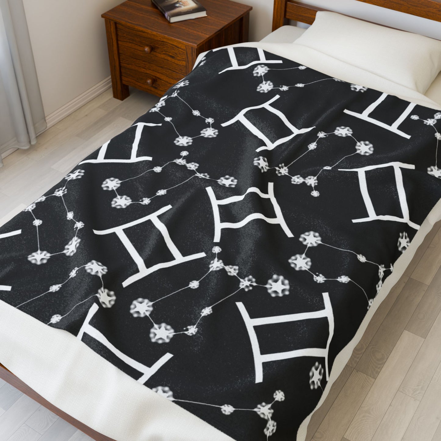 Velveteen Plush Blanket, Gemini Zodiac Sign, Constellation & Symbol, Black, 100% polyester
