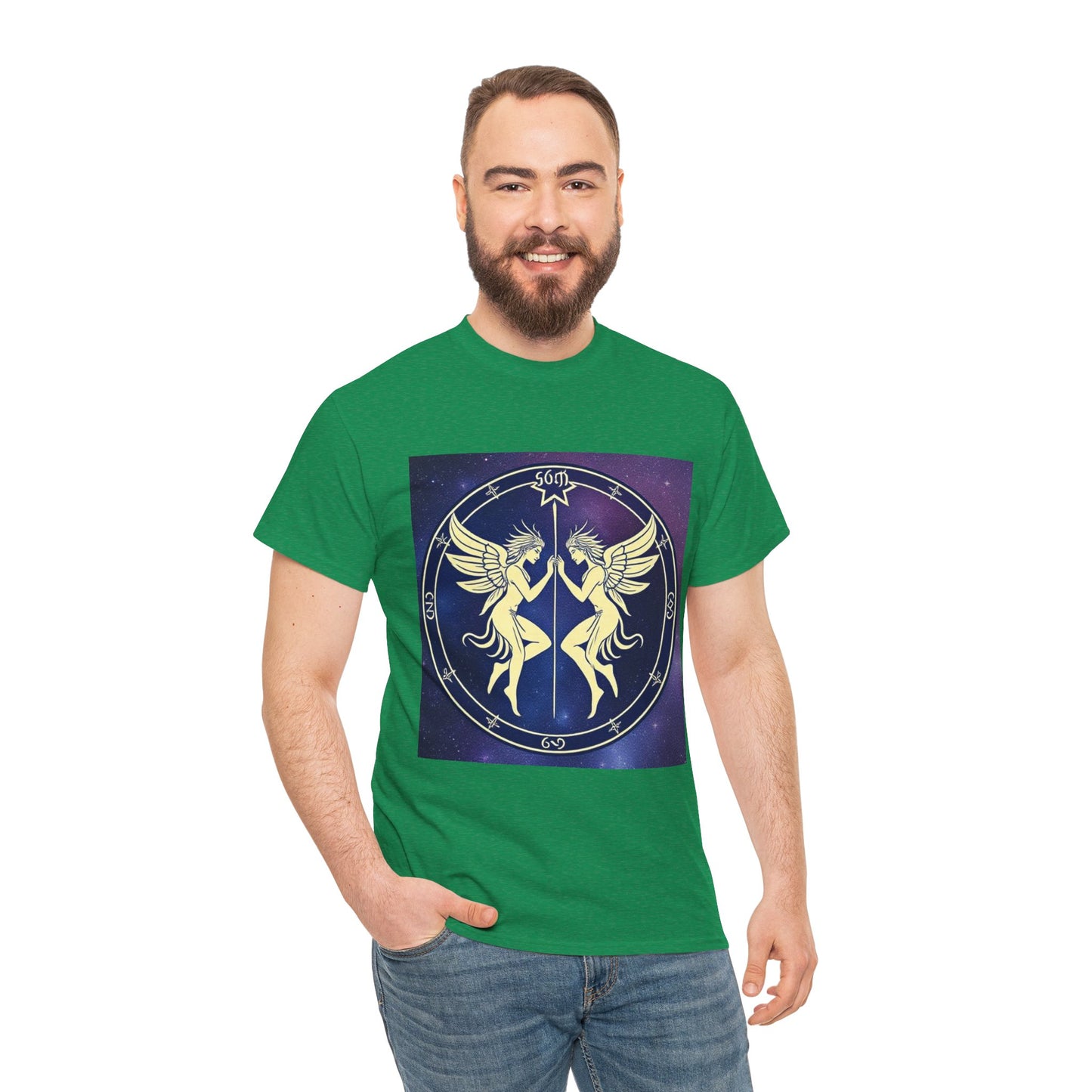 Unisex Heavy Cotton T-Shirt, Space Angel Twins, Gemini Zodiac Design