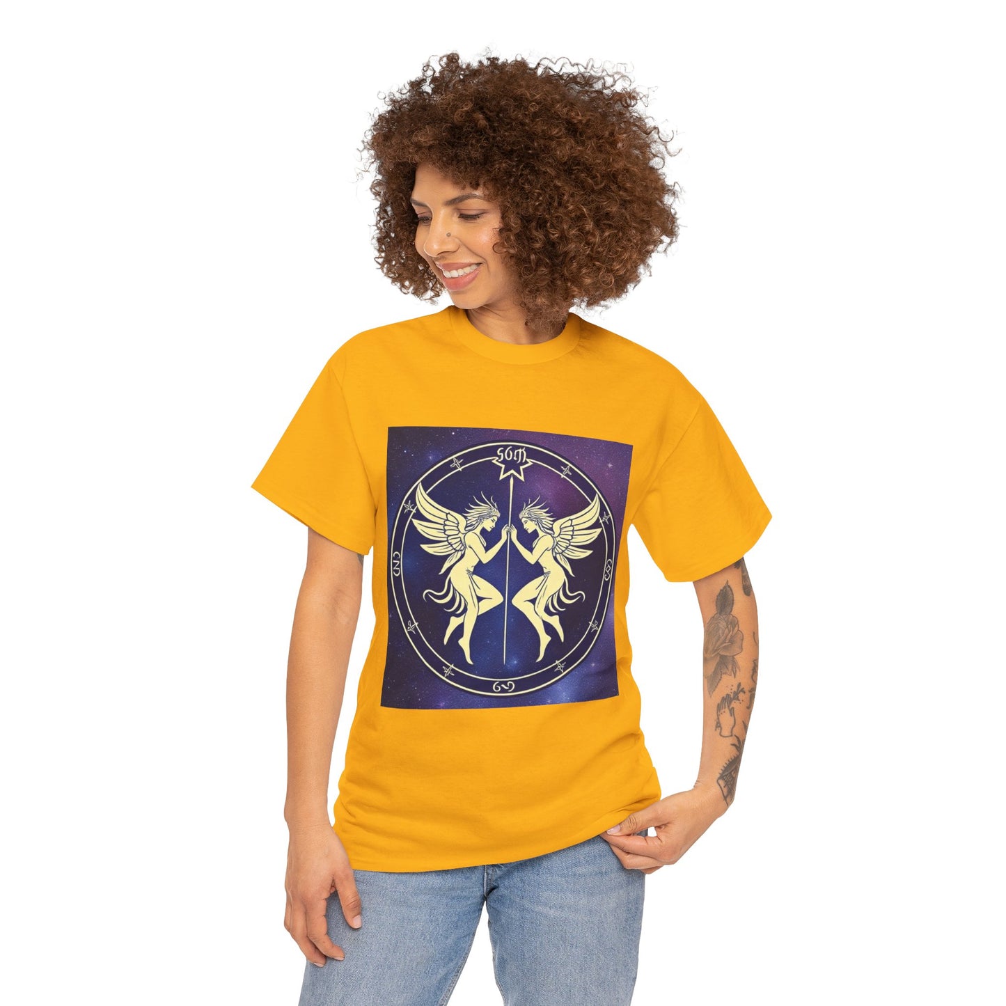 Unisex Heavy Cotton T-Shirt, Space Angel Twins v1, Gemini Zodiac Design