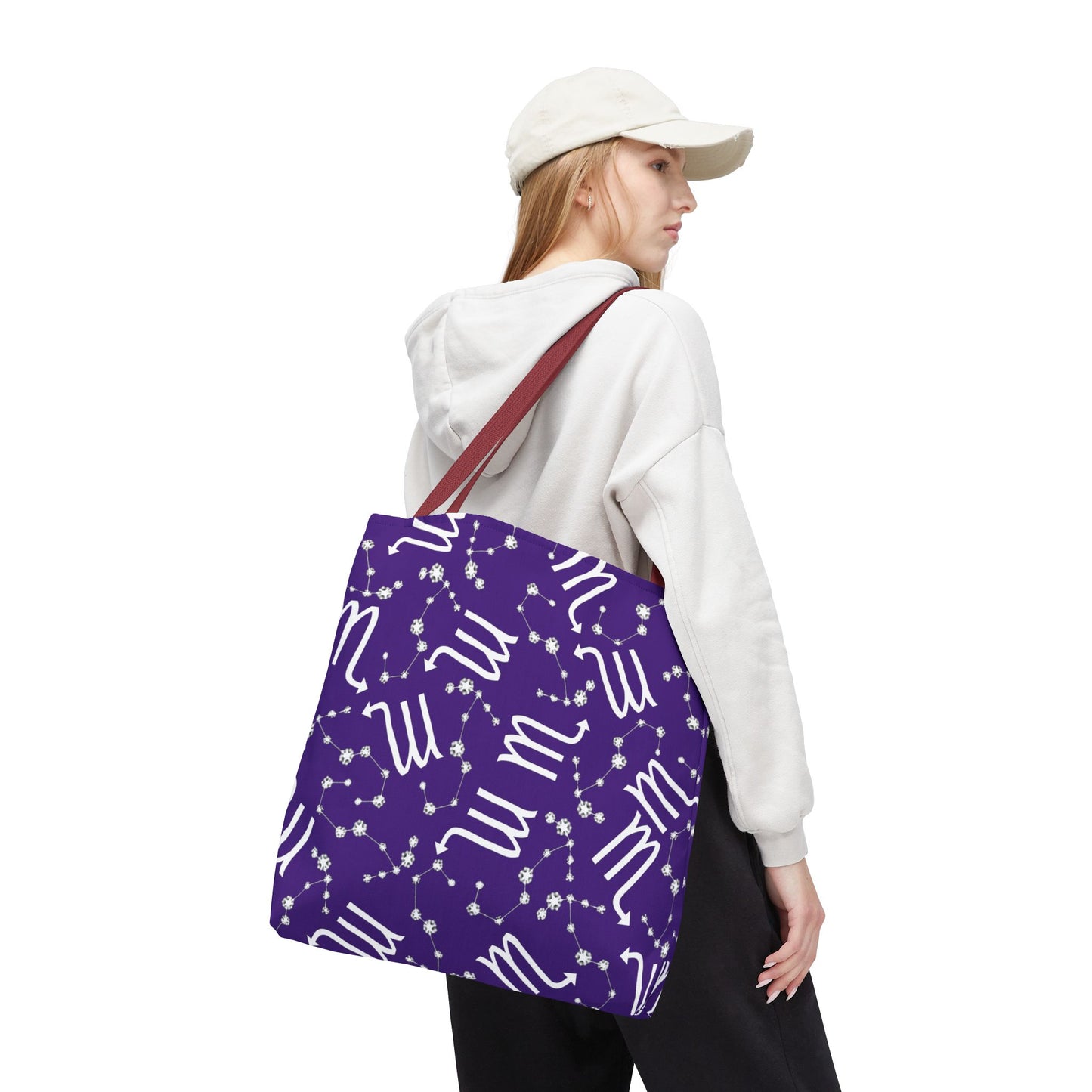 Tote Bag, Scorpio Zodiac Sign, AOP, (Purple, White)