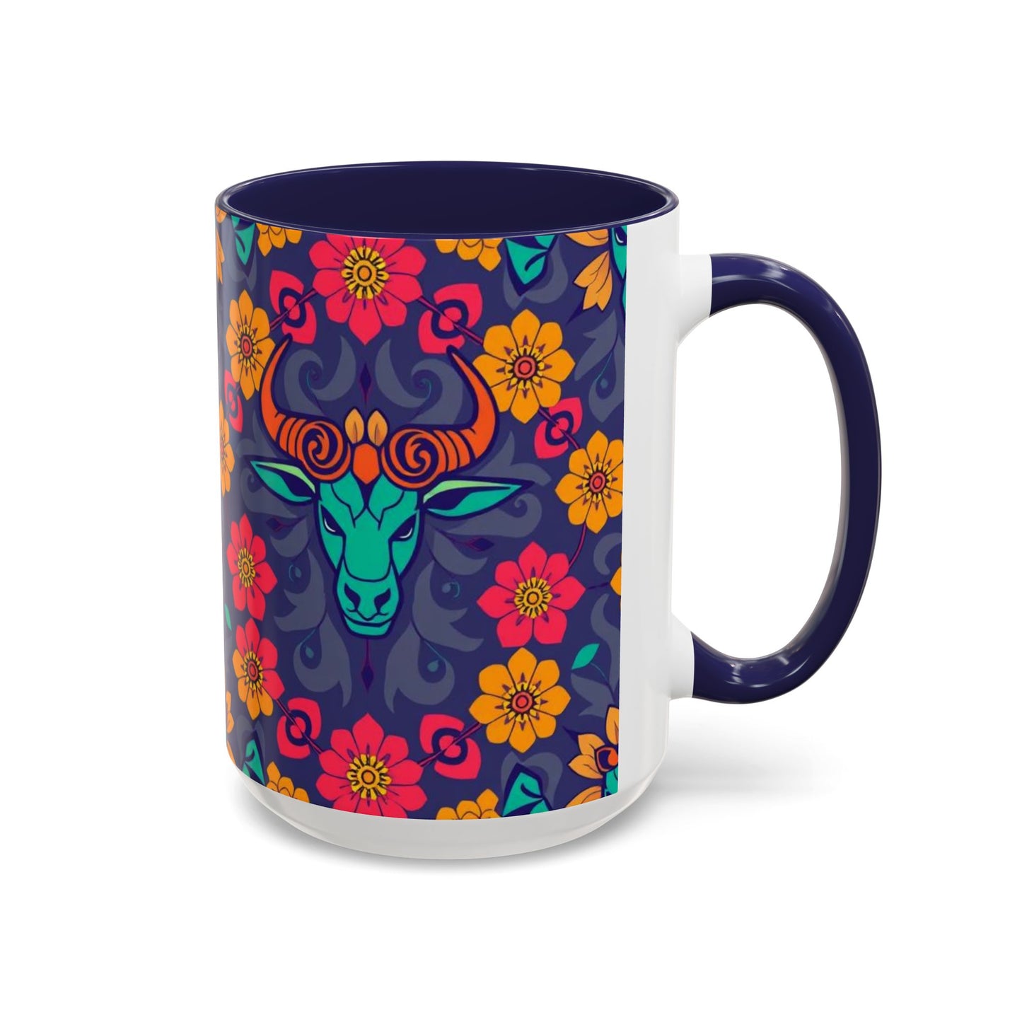 Accent Coffee Mug, Taurus, Zodiac. Flower Pattern, (11, 15oz)