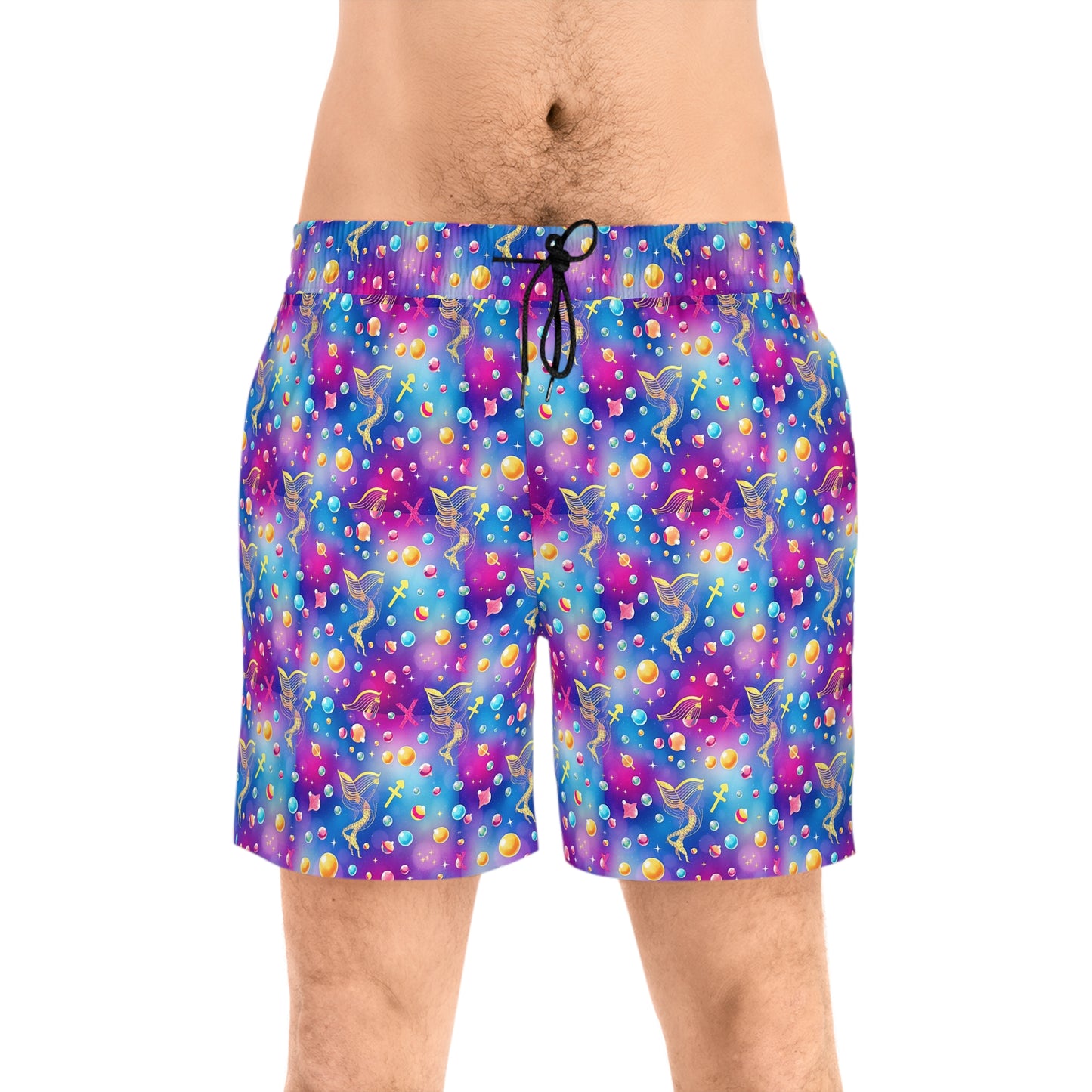 Men's Mid-Length Swim Shorts, (AOP), Sagittarius, Zodiac, Bubble Pattern