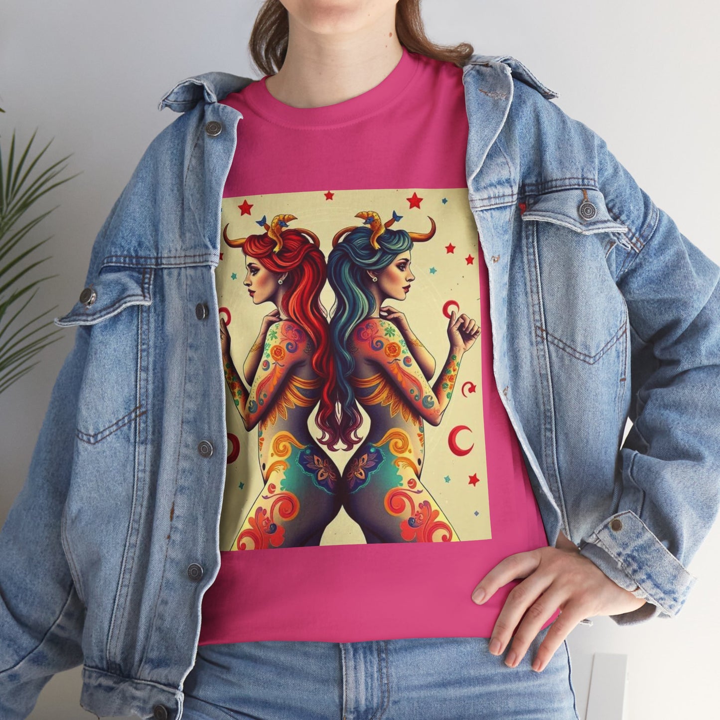 Unisex Heavy Cotton T-Shirt, Gemini, Zodiac v4, Sexy Art
