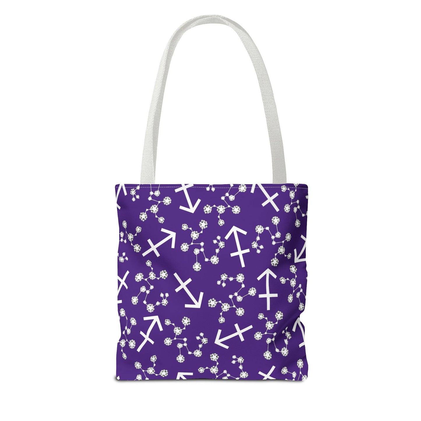 Tote Bag, Sagittarius Zodiac Sign, AOP, (Purple, White Print)
