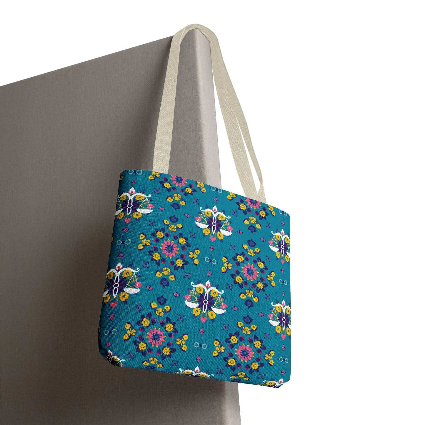 Tote Bag (AOP), Libra, Zodiac v1, Flower Pattern