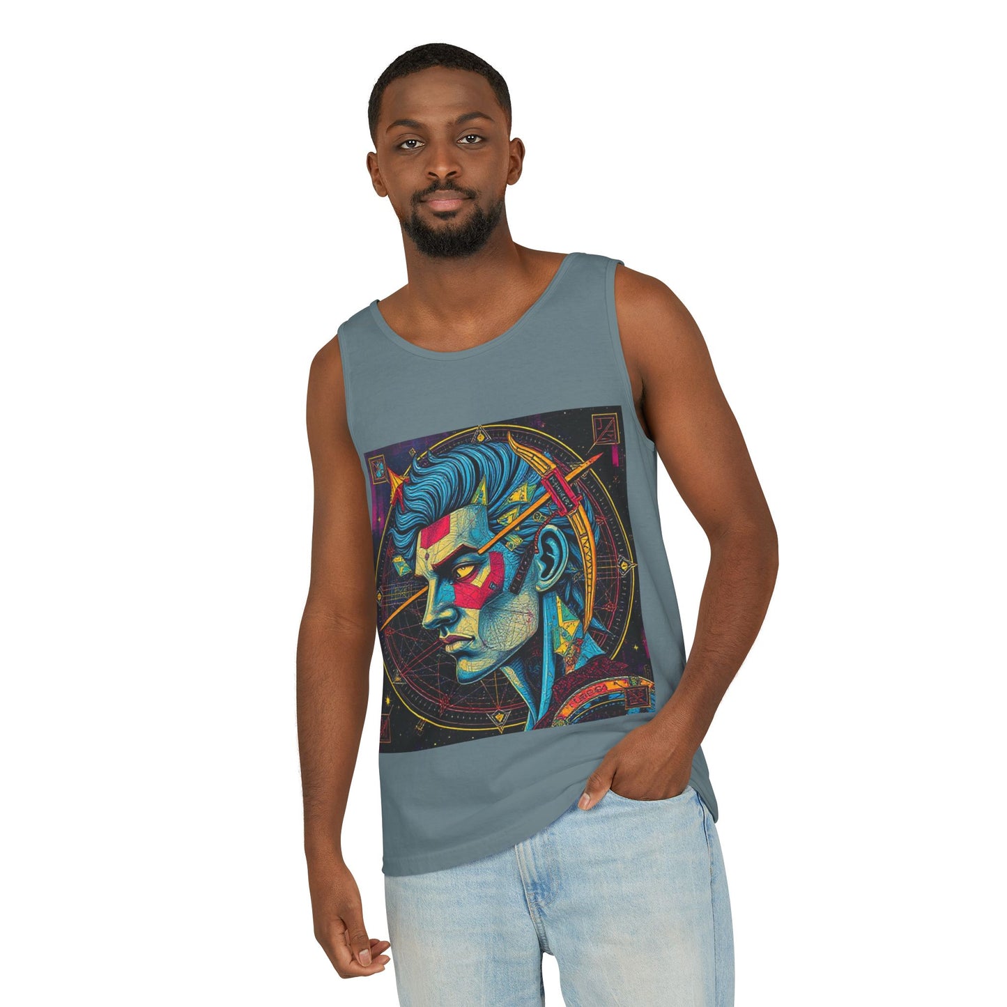 Unisex Garment-Dyed, Tank Top, Sagittarius Design, Pop Art v1, 100% US cotton