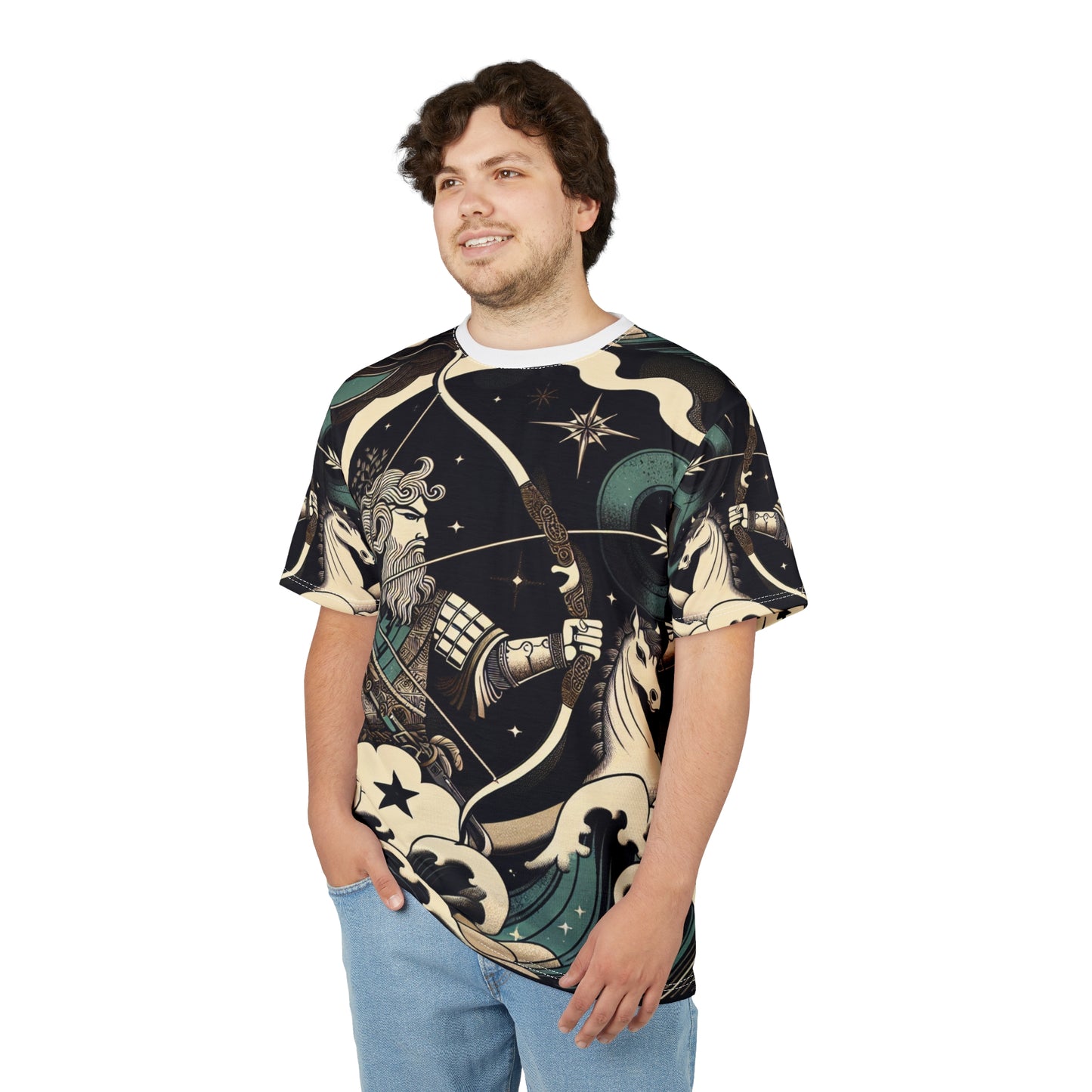 Unisex Cut & Sew T-Shirt (AOP), Arrow Horse, Sagittarius Zodiac Design, Regular fit, 100% Polyester