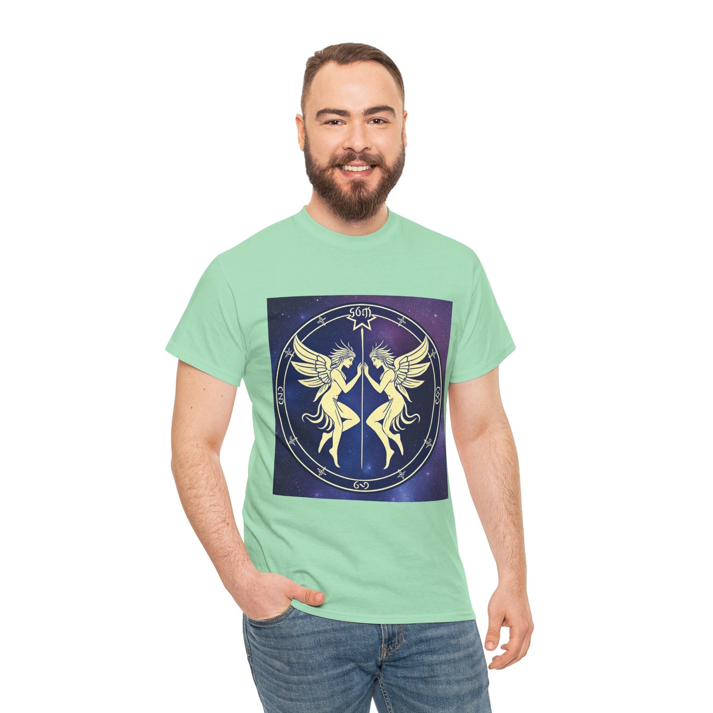 Unisex Heavy Cotton T-Shirt, Space Angel Twins, Gemini Zodiac Design