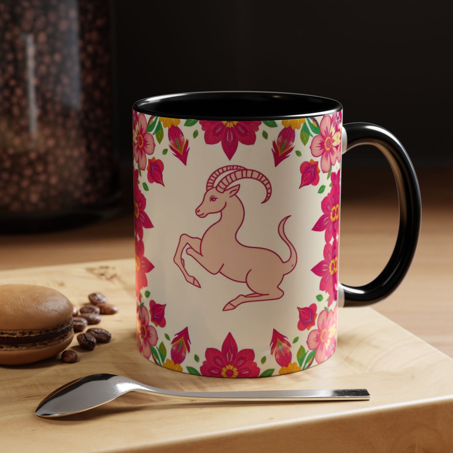 Accent Coffee Mug, Capricorn, Zodiac v2, Flower Pattern, (11, 15oz)