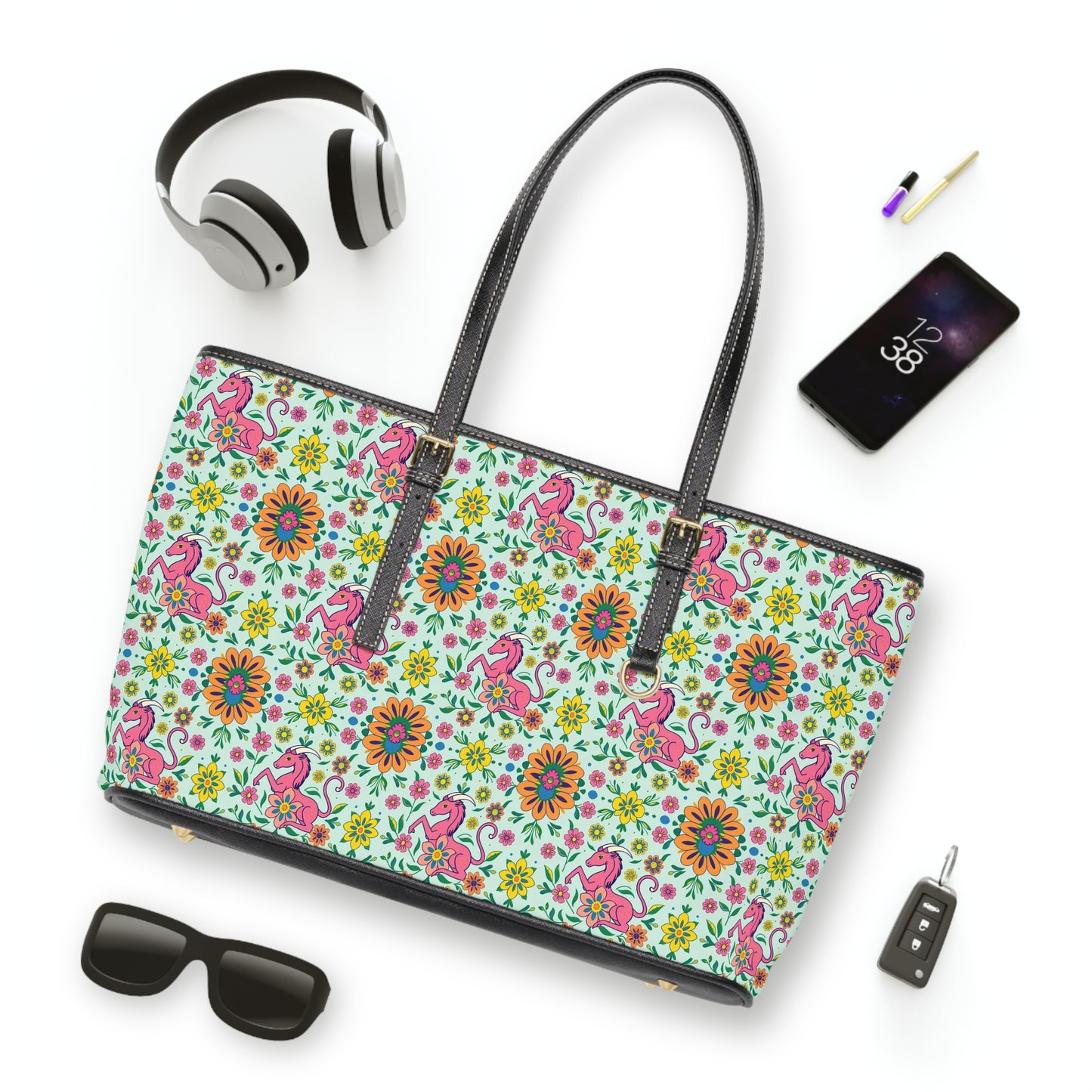 Leather Shoulder Bag, Aquarius, Zodiac v1, Flower Pattern