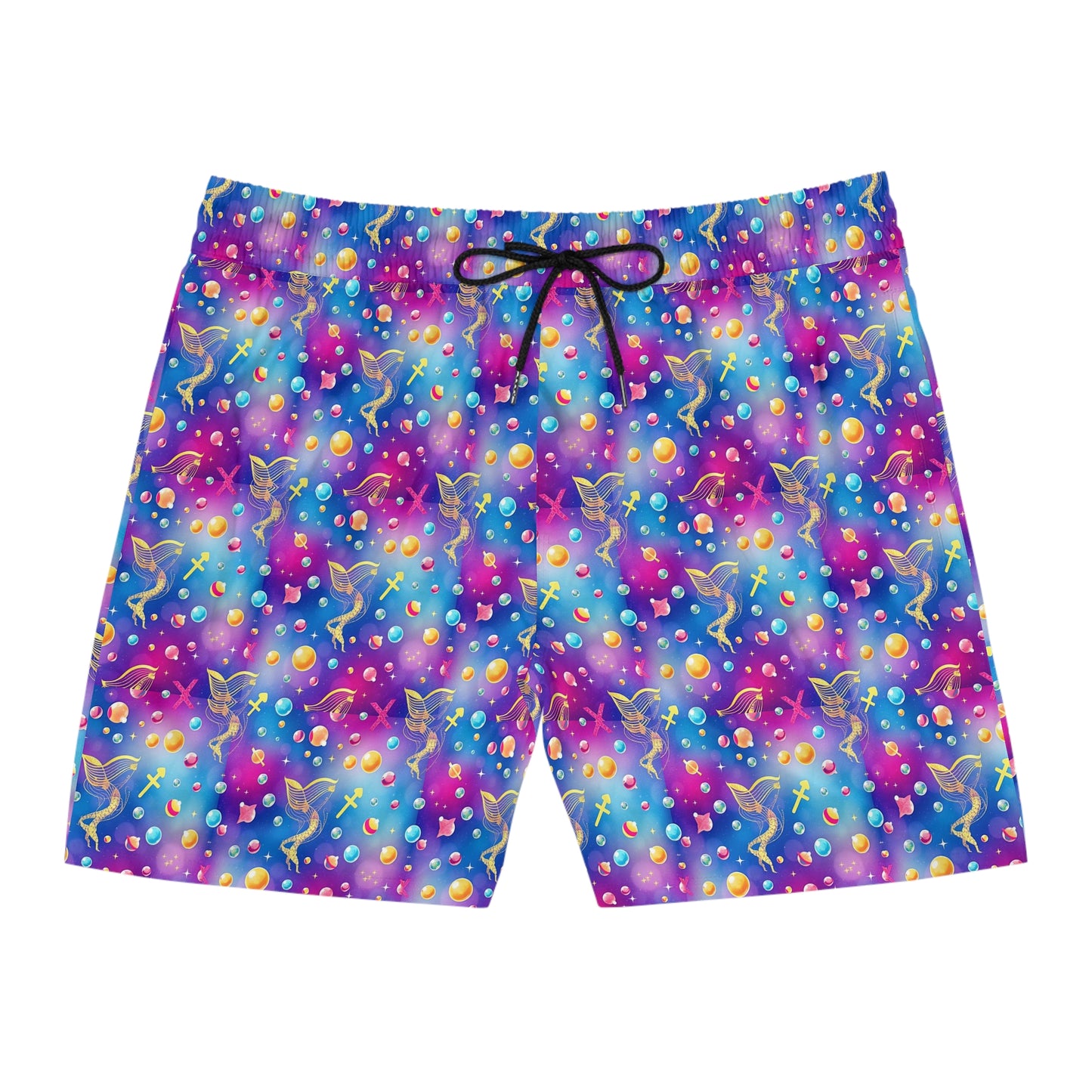 Men's Mid-Length Swim Shorts, (AOP), Sagittarius, Zodiac, Bubble Pattern