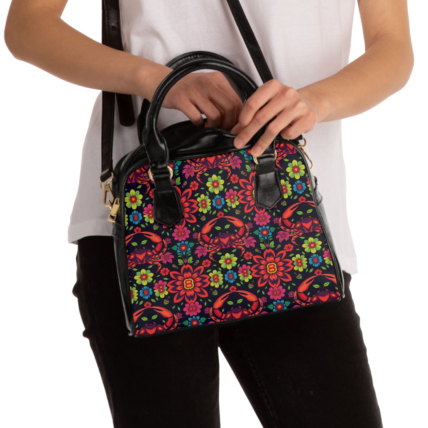 Shoulder Handbag, Cancer, Zodiac, Flower Pattern