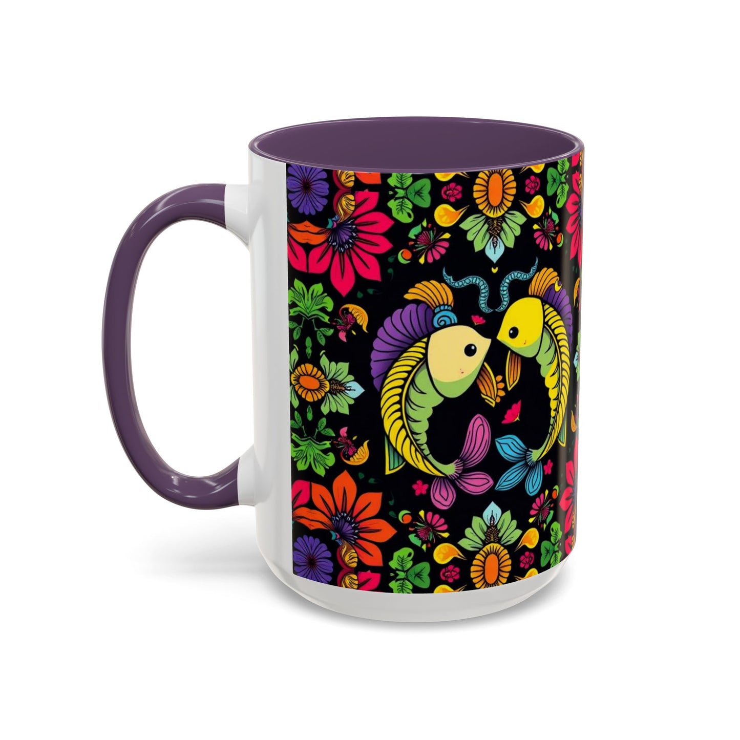 Accent Coffee Mug, Pisces, Zodiac v3, Flower Pattern, (11, 15oz)