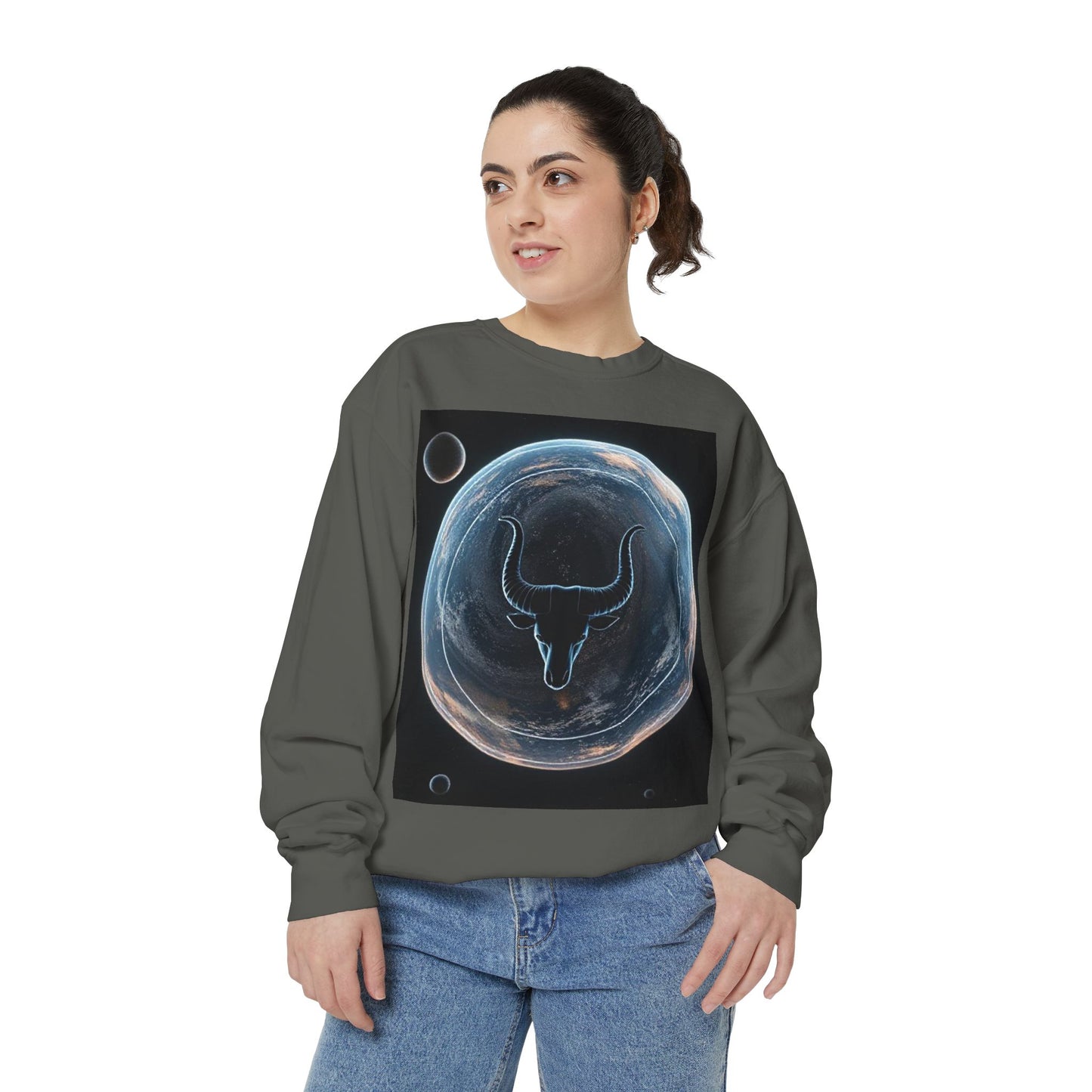 Garment-Dyed Sweatshirt, Unisex, Space Animal Design, Taurus