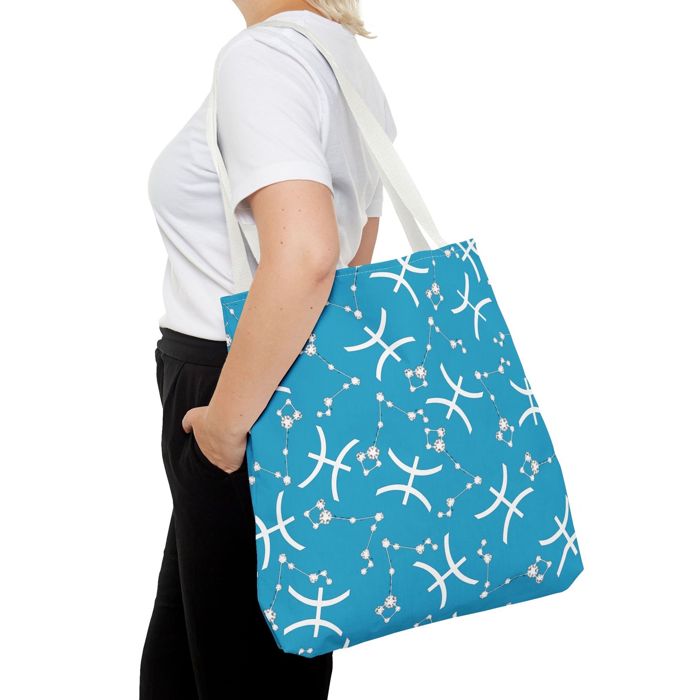 Tote Bag, Pisces Zodiac Sign, AOP, (Turquoise, White)