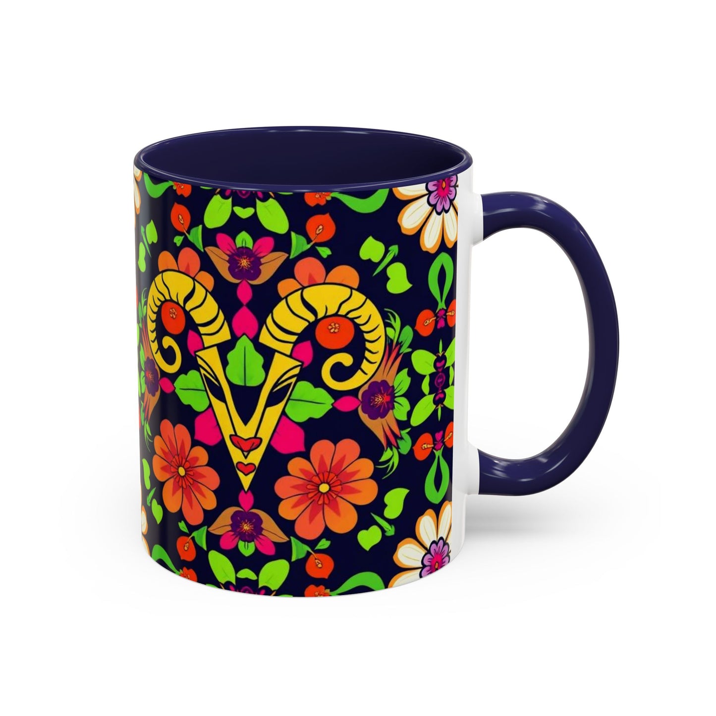 Accent Coffee Mug, Aries, Zodiac v2, Flower Pattern, (11, 15oz)