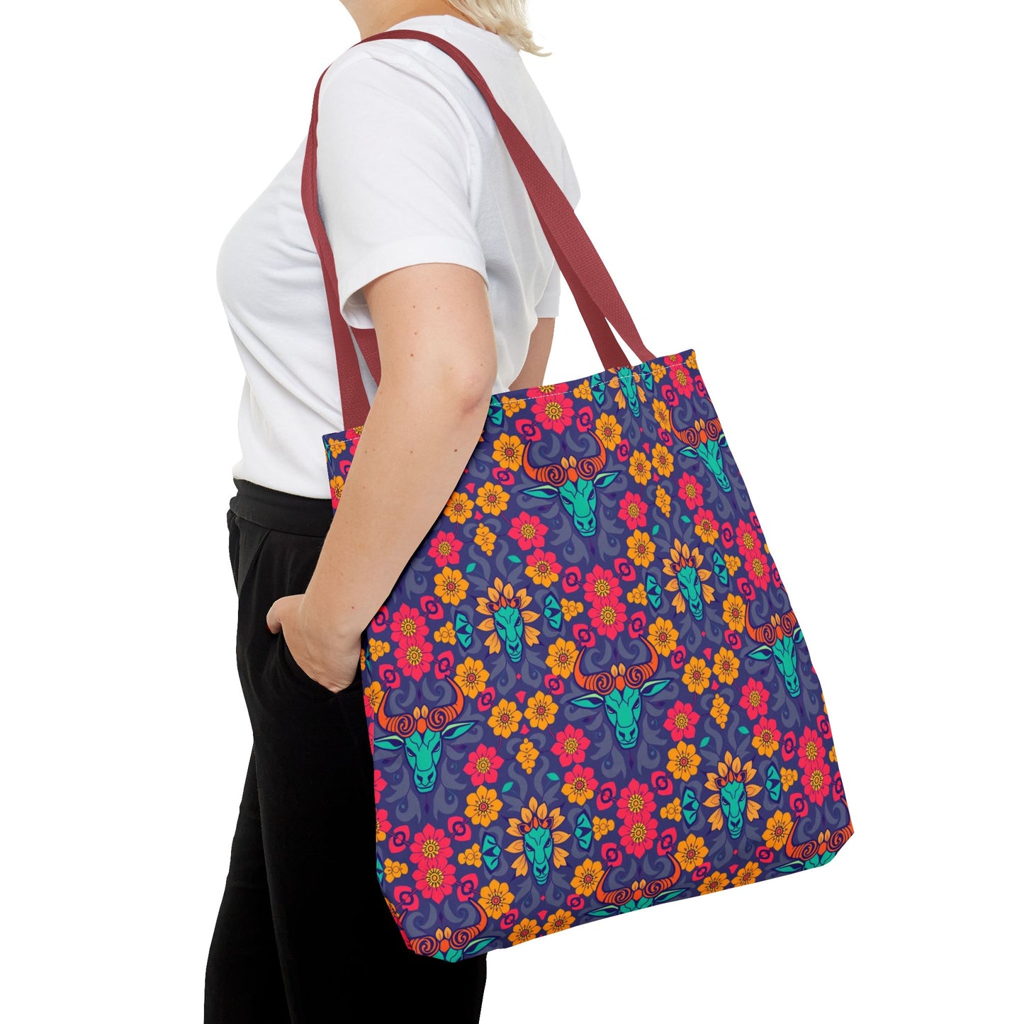 Tote Bag, (AOP), Taurus, Zodiac v1, Flower Pattern