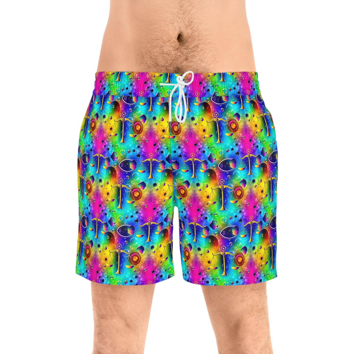 Men's Mid-Length Swim Shorts, (AOP), Libra, Zodiac v4, Bubble Pattern