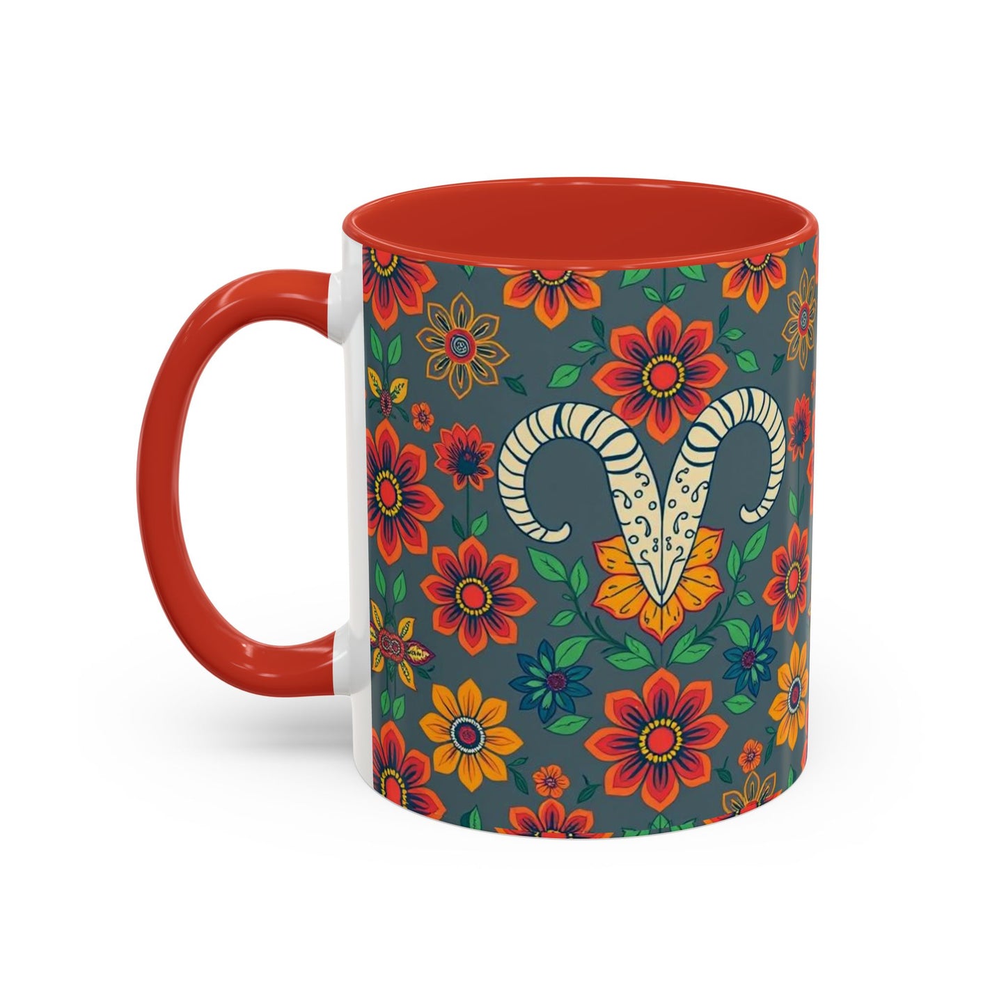 Accent Coffee Mug, Aries, Zodiac v4, Flower Pattern, (11, 15oz)
