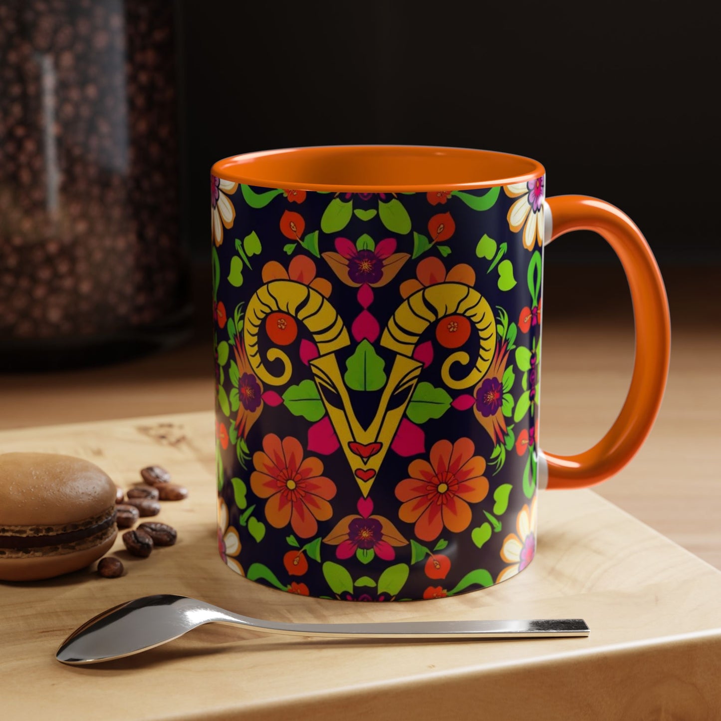 Accent Coffee Mug, Aries, Zodiac v2, Flower Pattern, (11, 15oz)