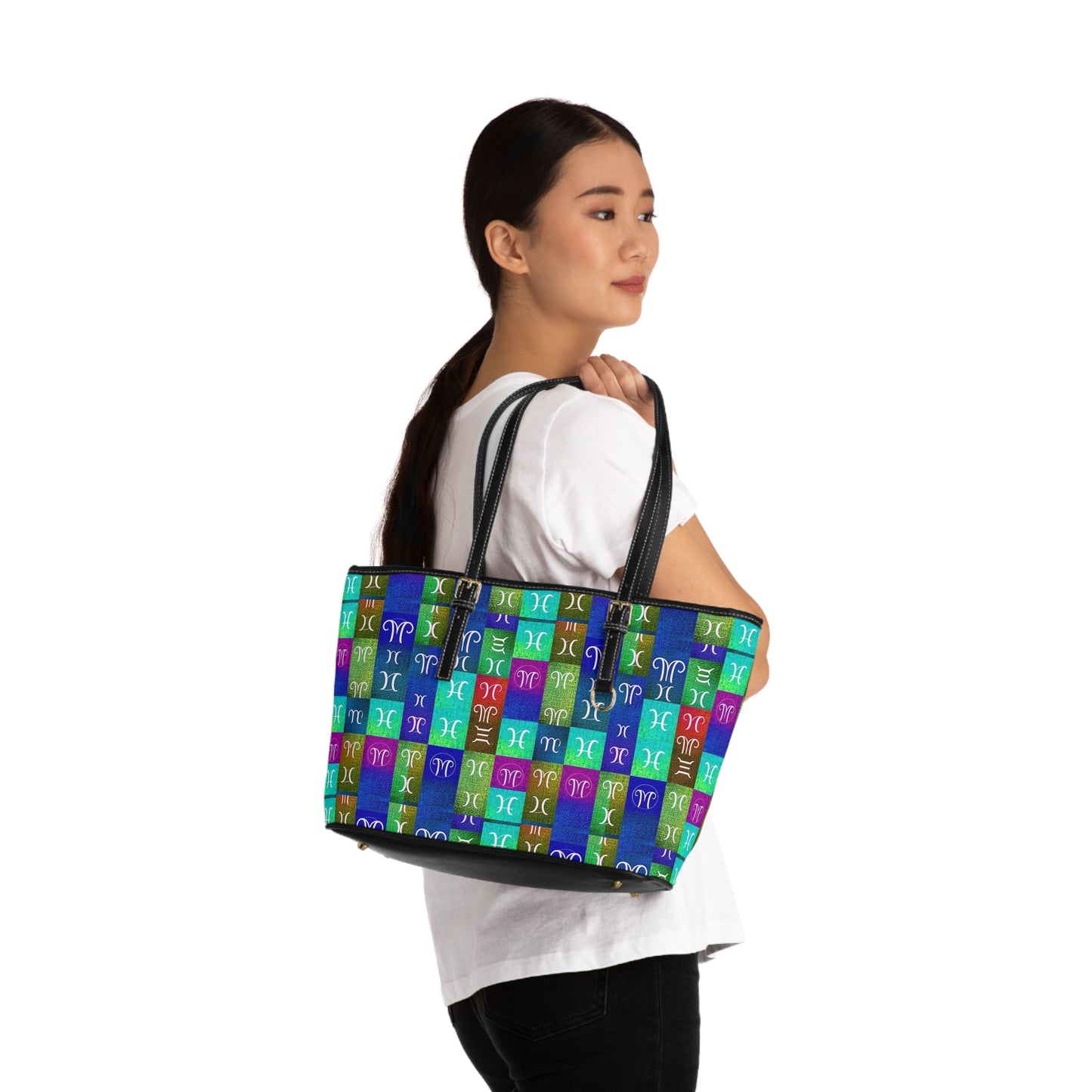 Leather Shoulder Bag, Aquarius, Zodiac v2, Shapes Pattern
