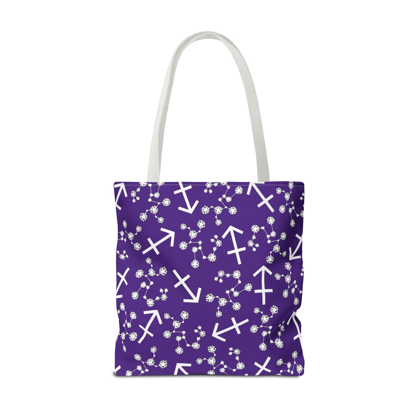 Tote Bag, Sagittarius Zodiac Sign, AOP, (Purple, White Print)