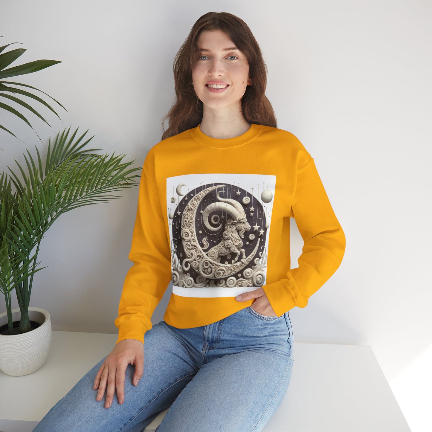 Unisex Heavy Blend™ Crewneck Sweatshirt, Stone Moon, Capricorn Zodiac Design