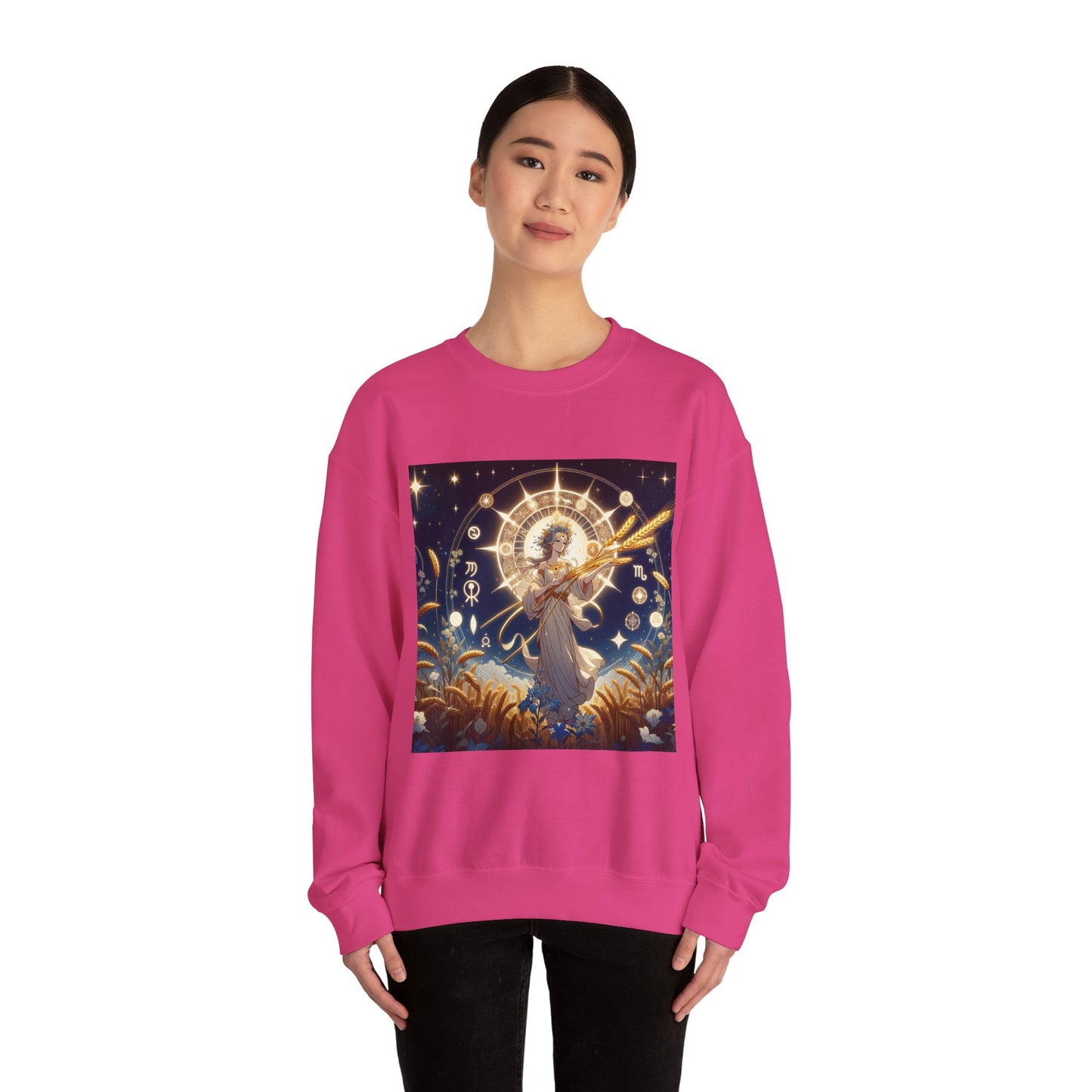 Unisex Heavy Blend™ Crewneck Sweatshirt, anime girl in wheat field, Virgo Zodiac Design
