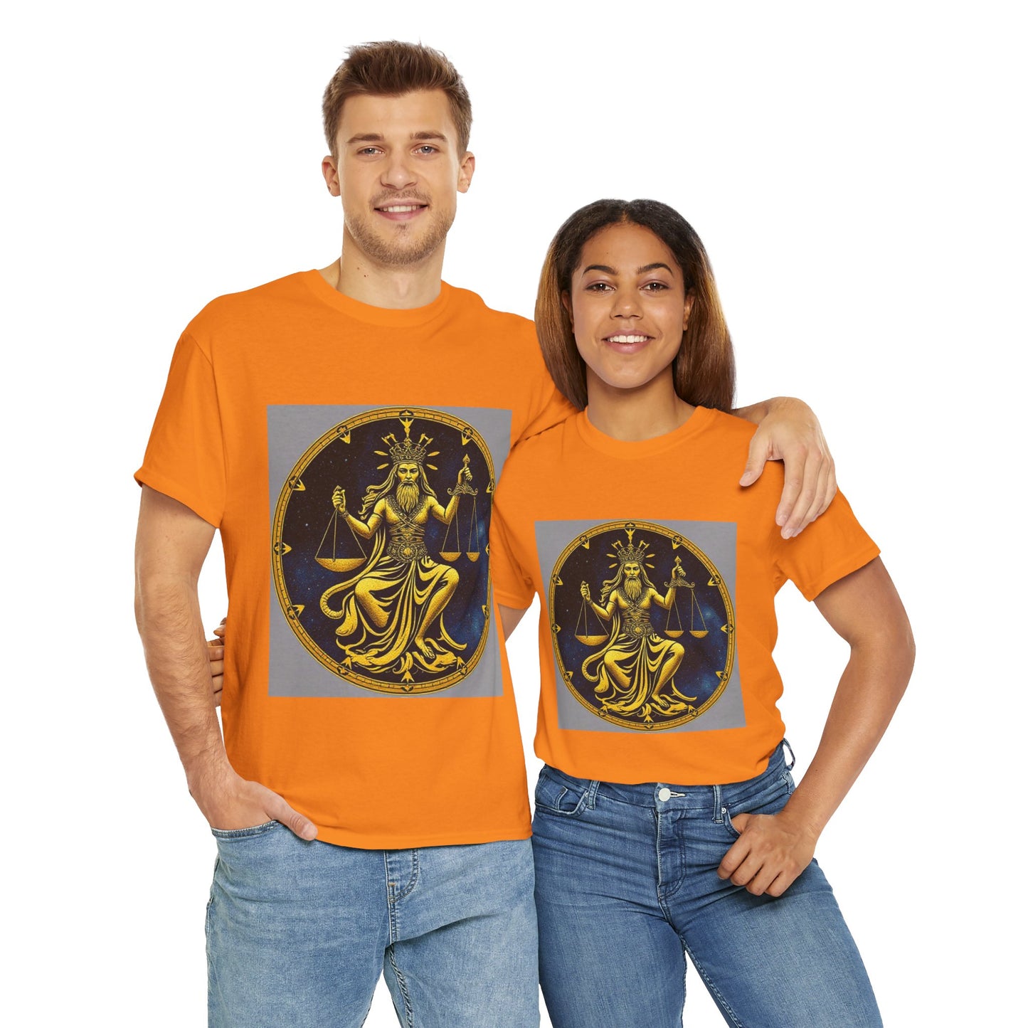 Unisex Heavy Cotton T-Shirt, Gold v1, Libra God, Zodiac Design