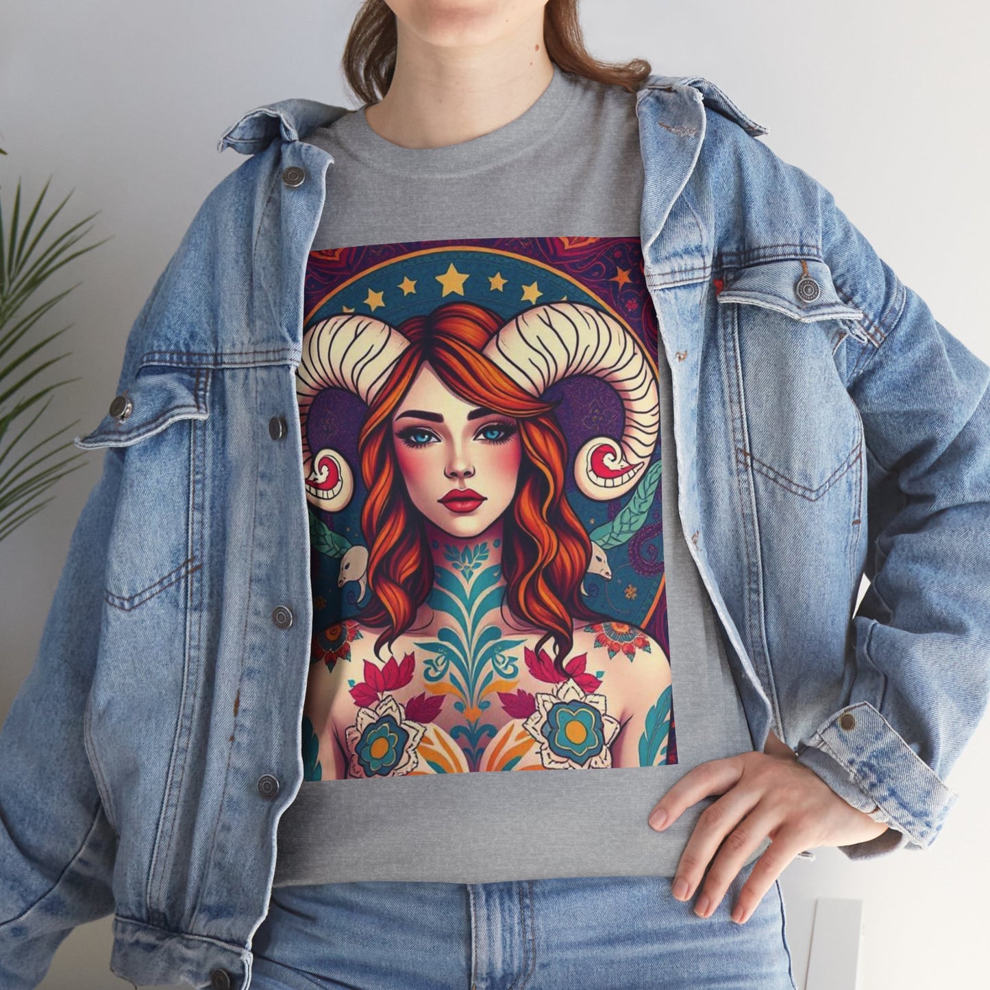 Unisex Heavy Cotton T-Shirt, Aries, Zodiac v1, Sexy Art