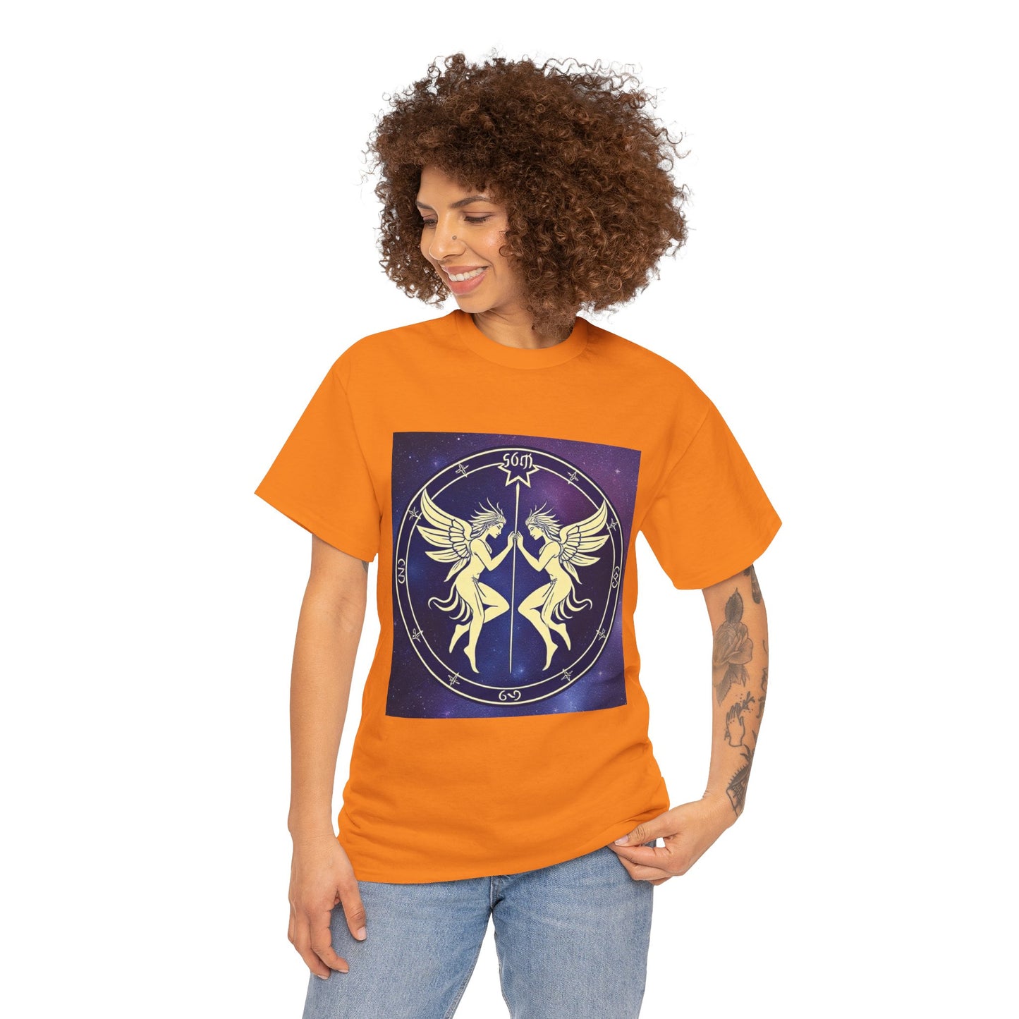 Unisex Heavy Cotton T-Shirt, Space Angel Twins, Gemini Zodiac Design