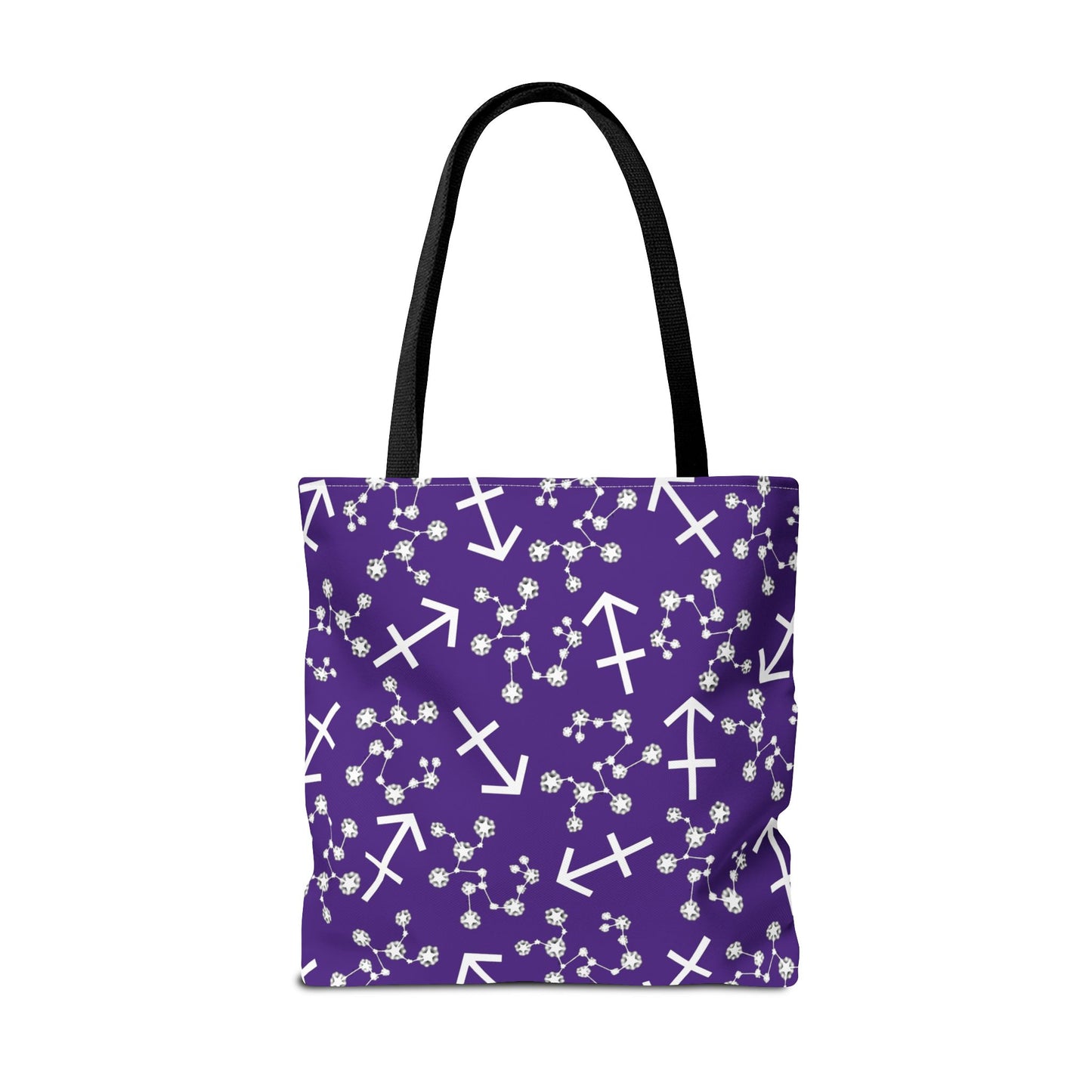 Tote Bag, Sagittarius Zodiac Sign, AOP, (Purple, White Print)