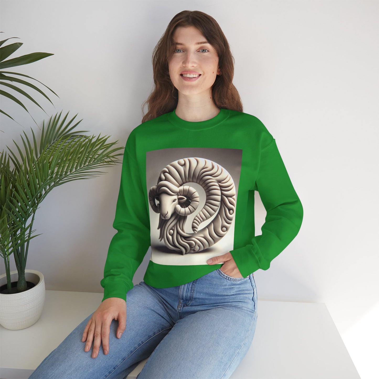 Unisex Heavy Blend™ Crewneck Sweatshirt, Round Statue, Aries Zodiac Design