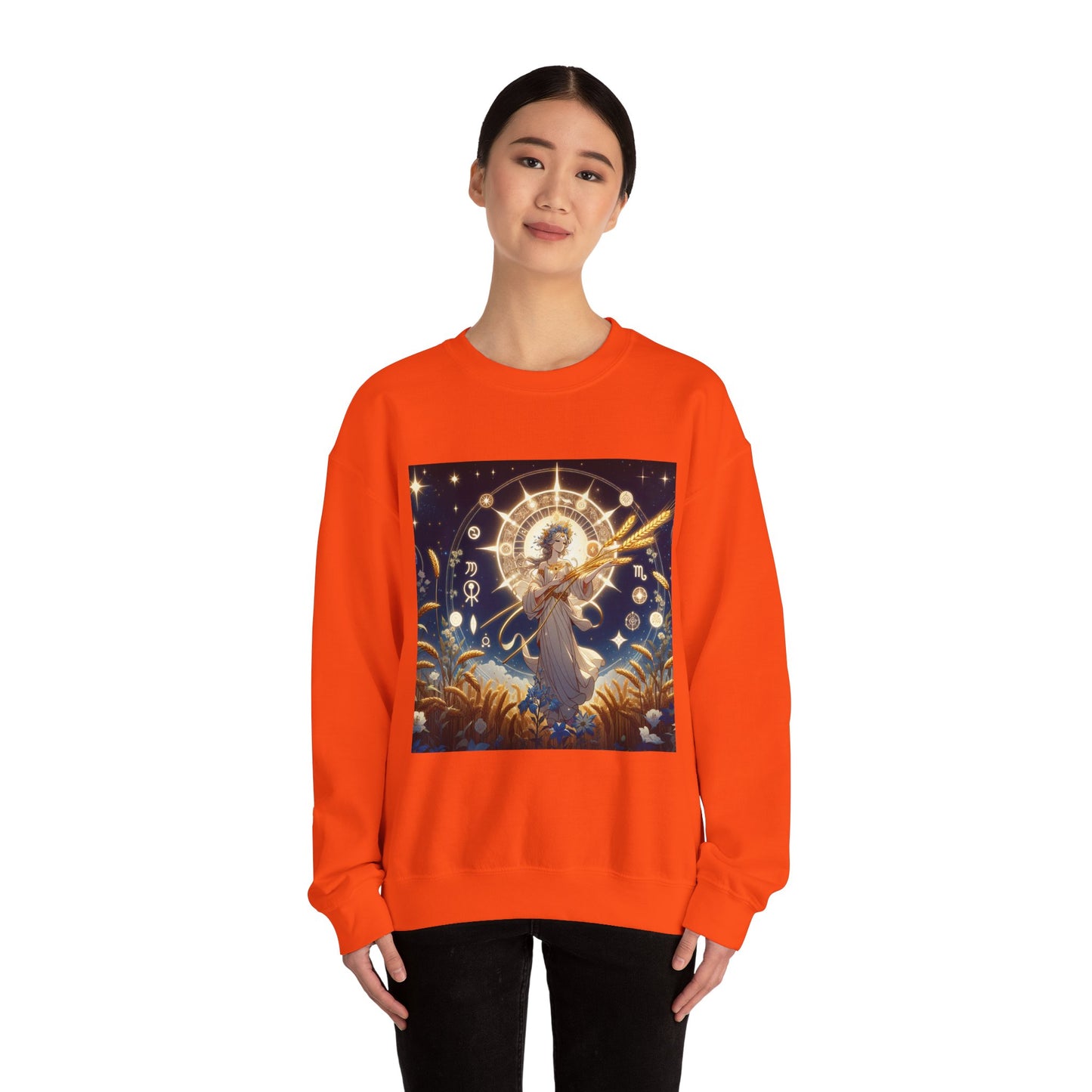 Unisex Heavy Blend™ Crewneck Sweatshirt, anime girl in wheat field, Virgo Zodiac Design