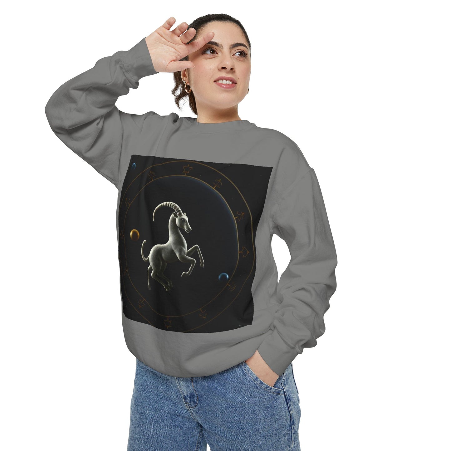 Garment-Dyed Sweatshirt, Unisex, Space Animal Design v1, Capricorn