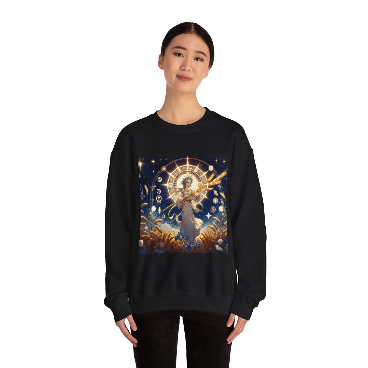 Unisex Heavy Blend™ Crewneck Sweatshirt, anime girl in wheat field, Virgo Zodiac Design