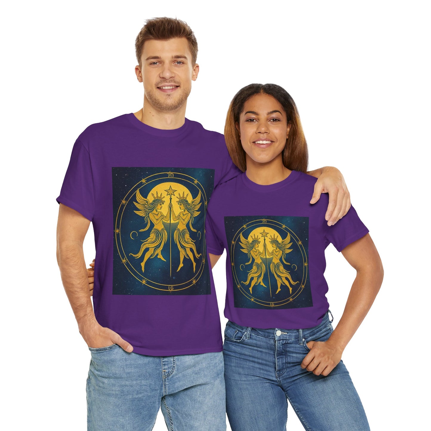 Unisex Heavy Cotton T-Shirt, Space Twins v3, Gemini Zodiac Design