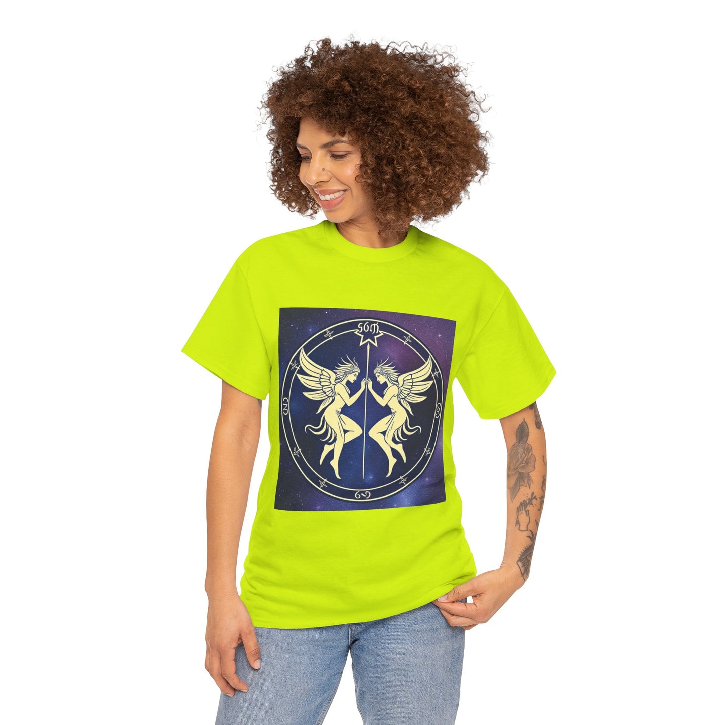 Unisex Heavy Cotton T-Shirt, Space Angel Twins, Gemini Zodiac Design