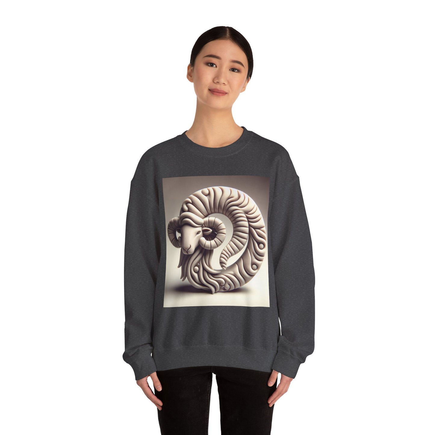 Unisex Heavy Blend™ Crewneck Sweatshirt, Round Statue, Aries Zodiac Design