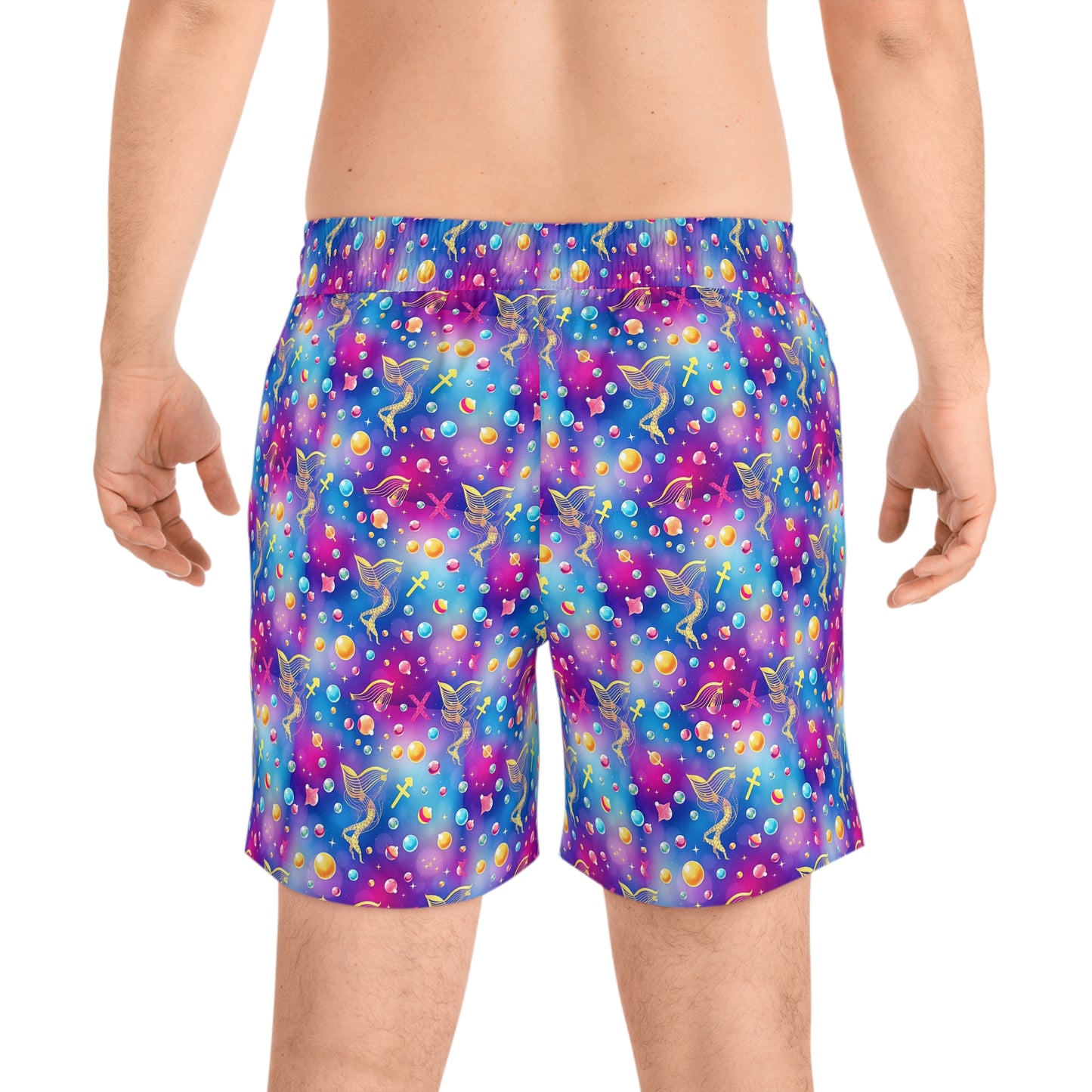 Men's Mid-Length Swim Shorts, (AOP), Sagittarius, Zodiac, Bubble Pattern