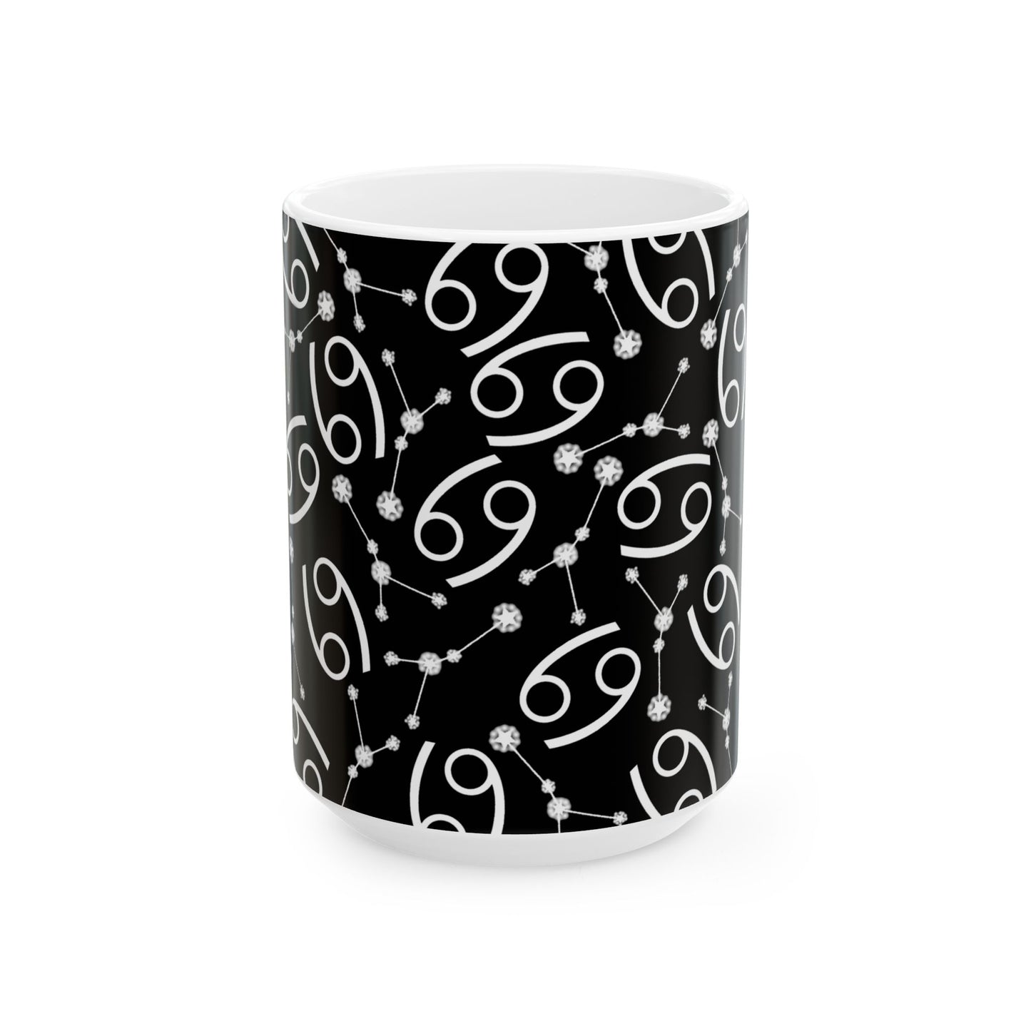 Ceramic Mug, (11oz, 15oz), Ceramic Coffee Mug, Black AOP, Cancer Zodiac Design